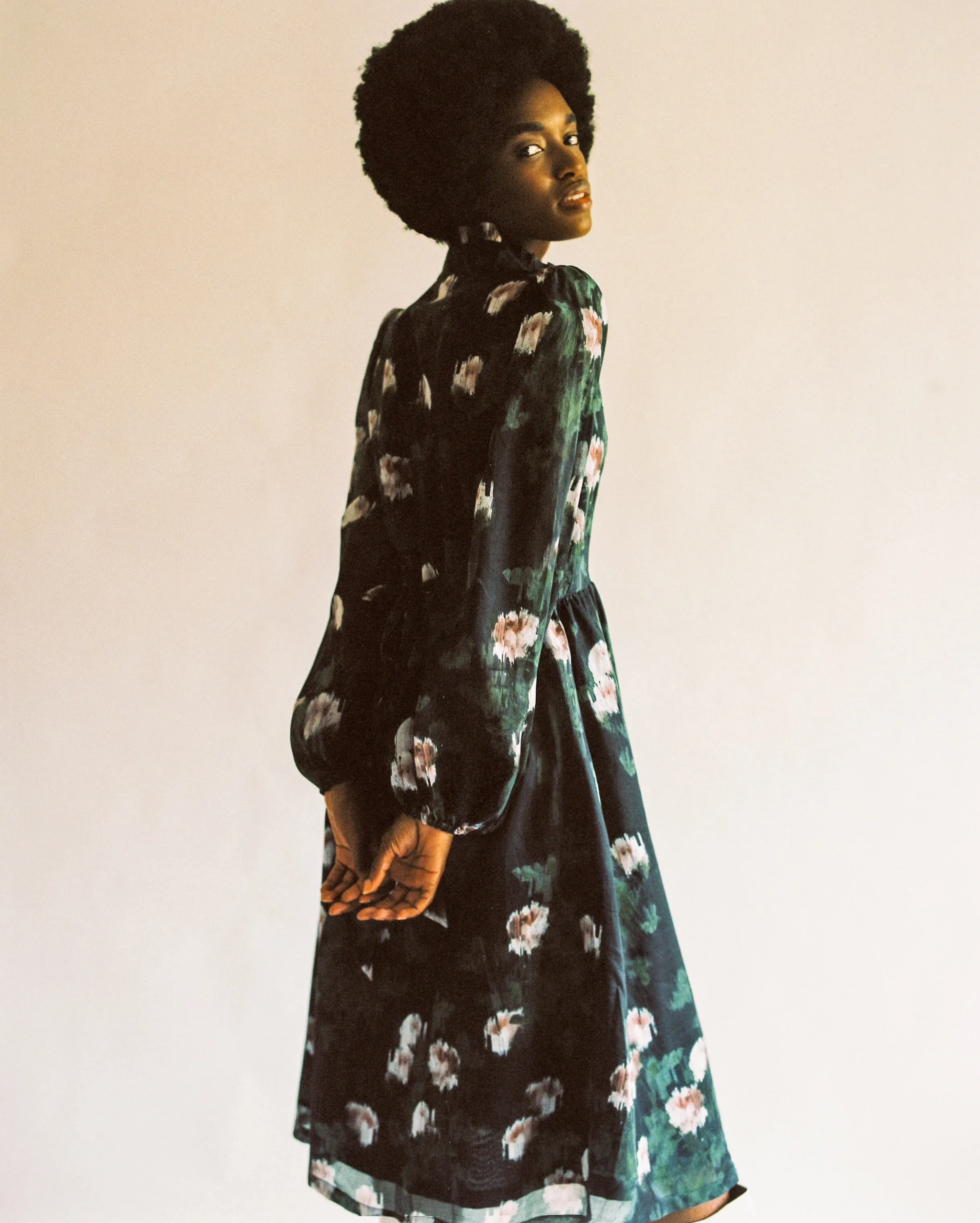 Felicia Dress / Black   Rose Watercolor Floral Cotton Voile
