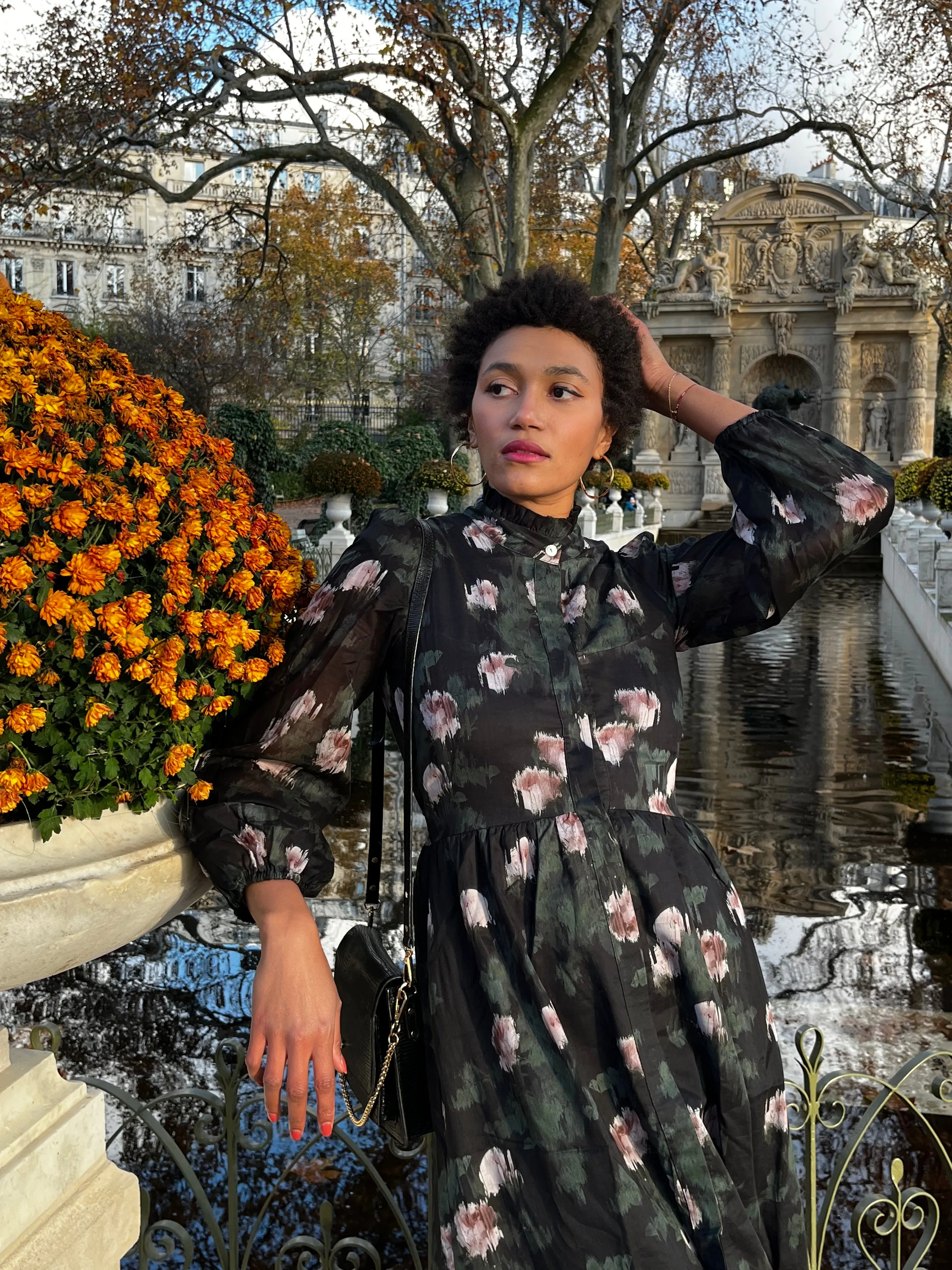 Felicia Dress / Black   Rose Watercolor Floral Cotton Voile
