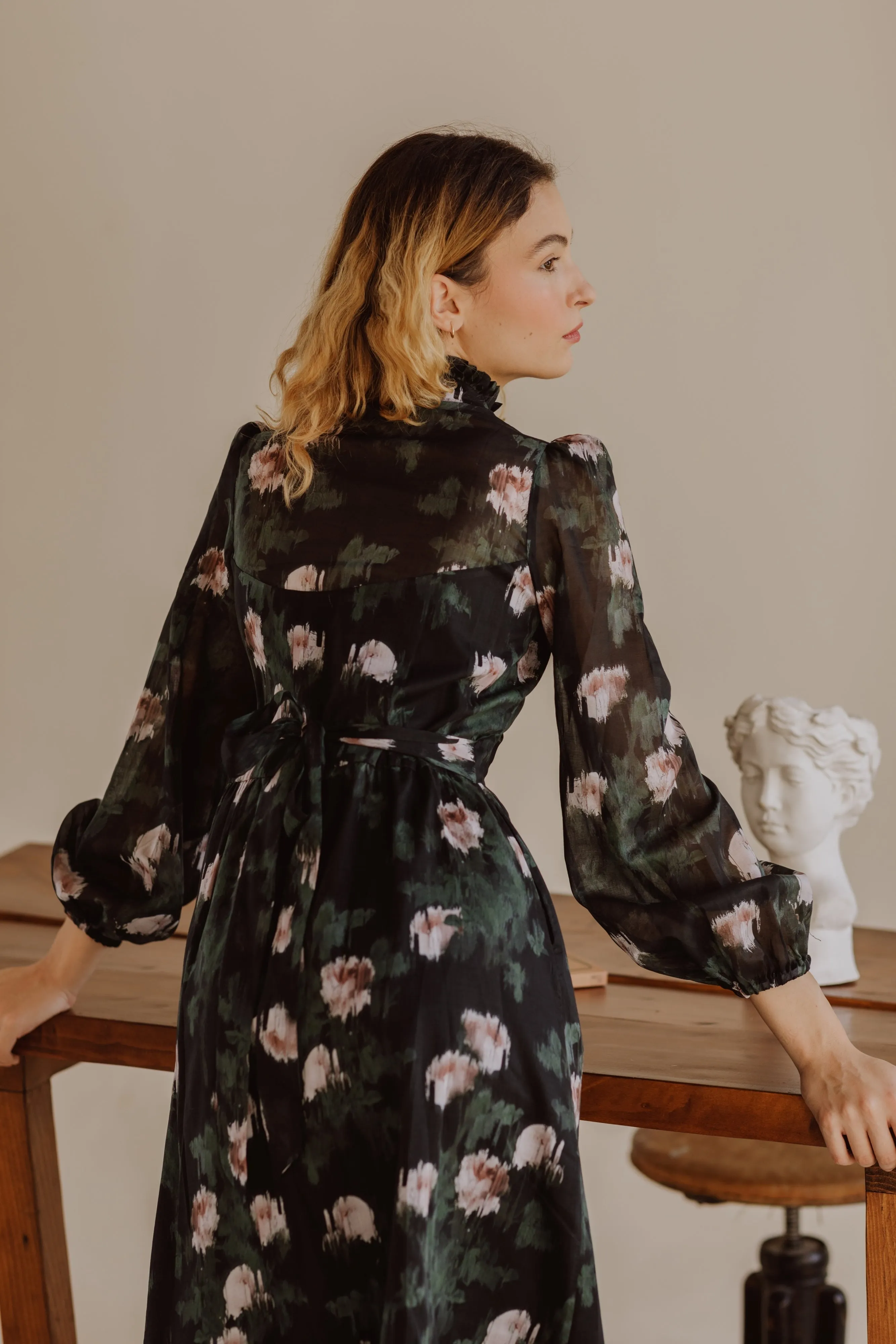 Felicia Dress / Black   Rose Watercolor Floral Cotton Voile