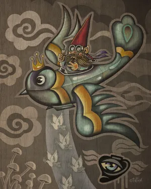 Flying Gnome Dropping Peace Bombs Fine Art Print