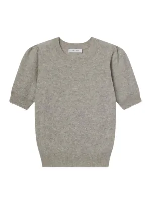 Frame Pointelle Puff Sleeve Sweater in Light Heather Grey
