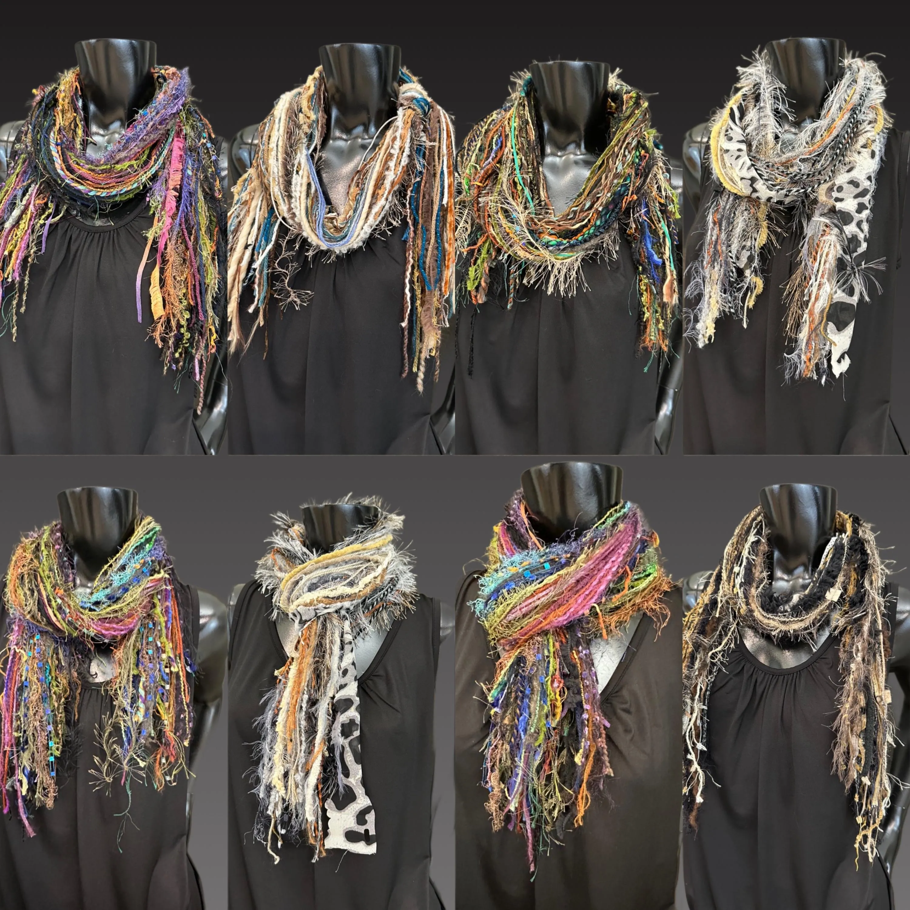 Fringie Yarn Scarf, black blue green luxury art yarn Scarf, boho fashion scarf