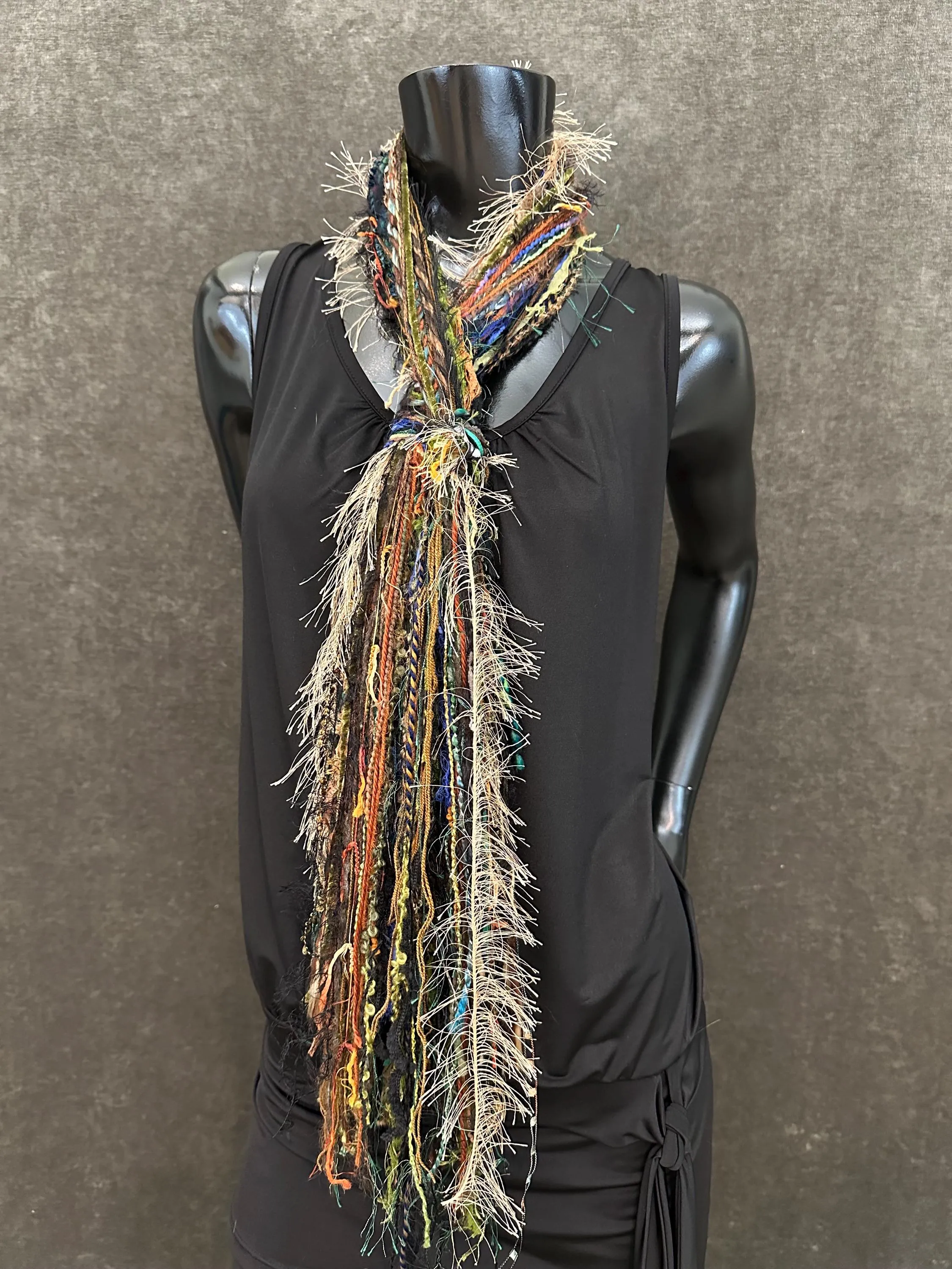 Fringie Yarn Scarf, black blue green luxury art yarn Scarf, boho fashion scarf