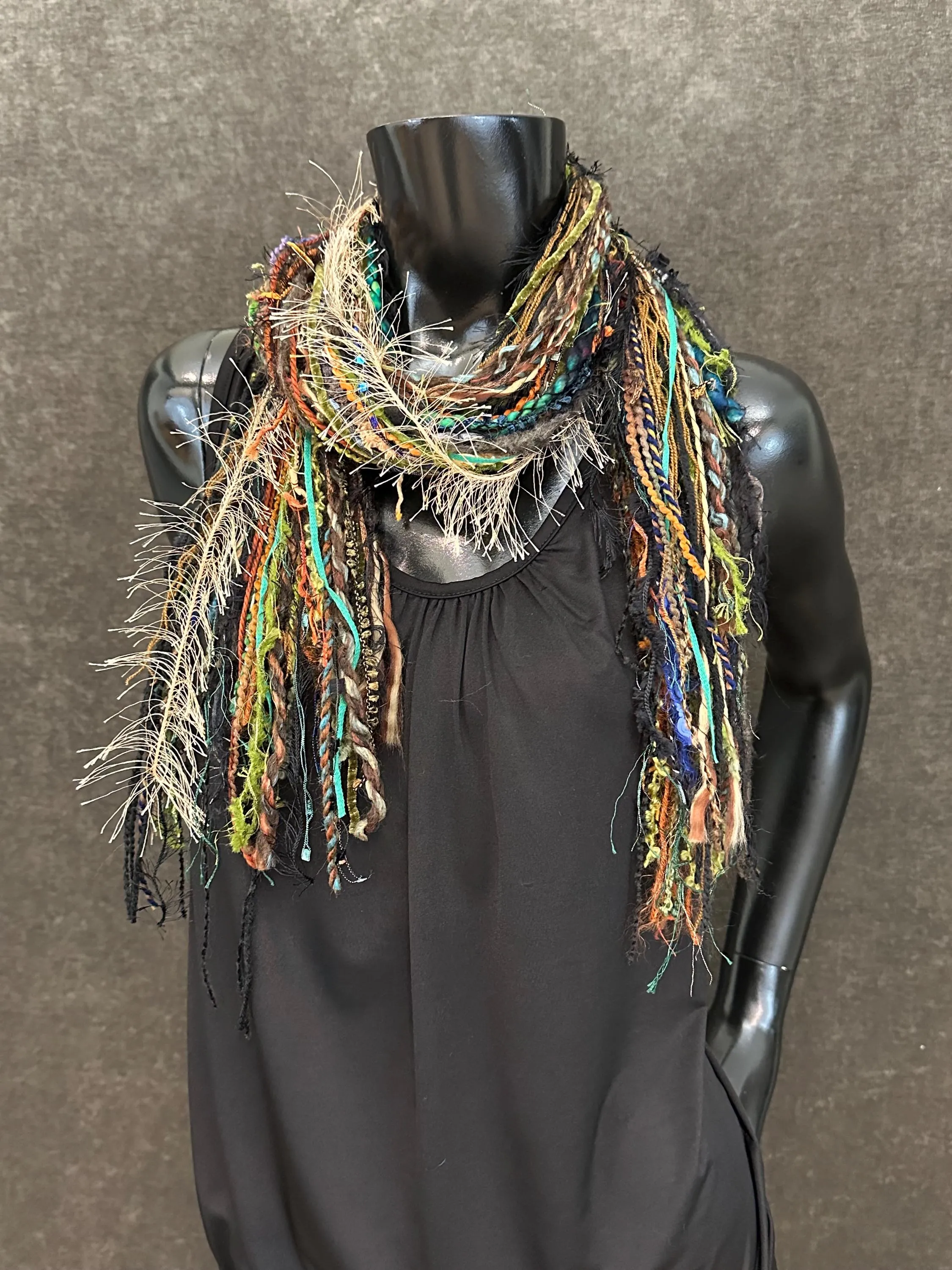Fringie Yarn Scarf, black blue green luxury art yarn Scarf, boho fashion scarf
