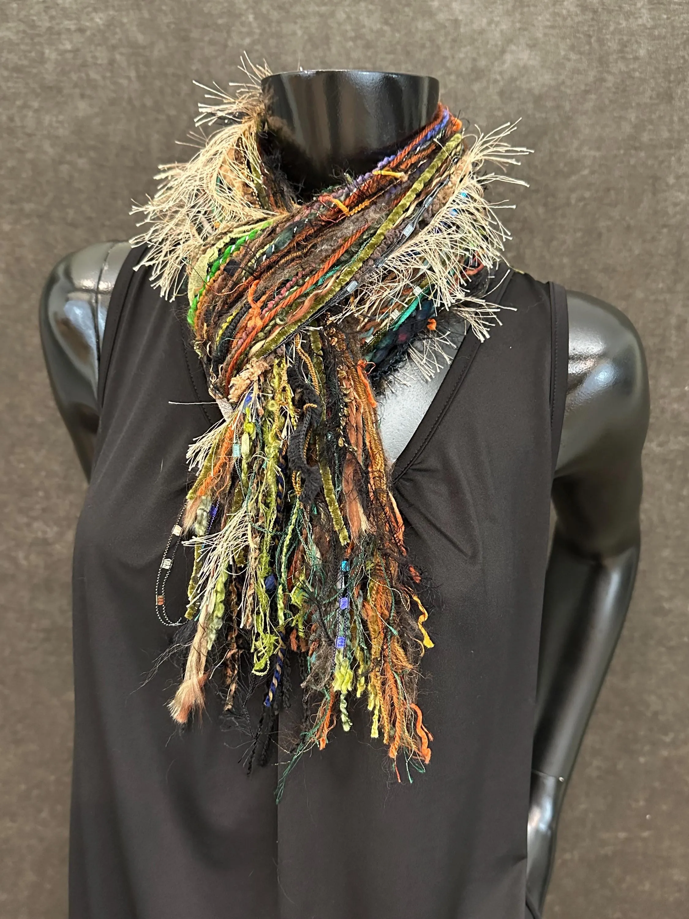 Fringie Yarn Scarf, black blue green luxury art yarn Scarf, boho fashion scarf