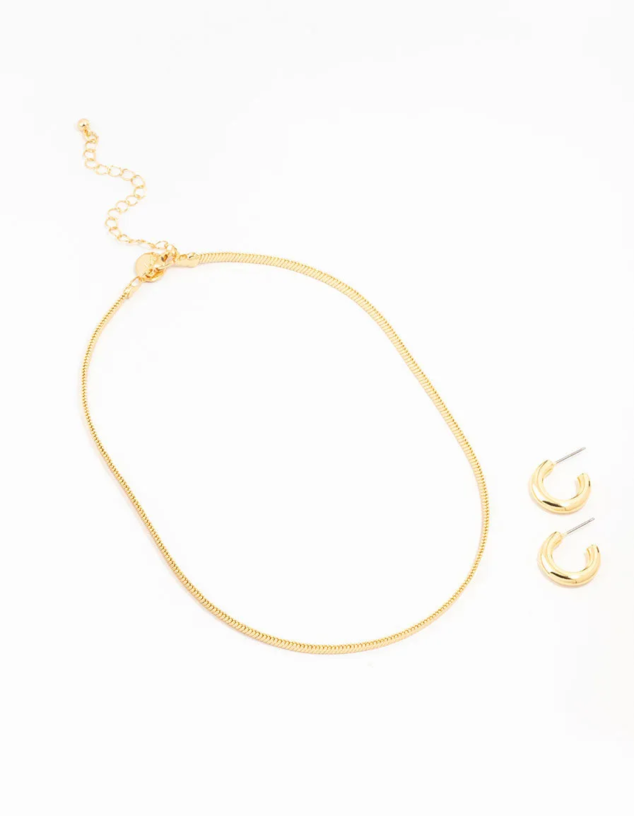 Gold Plated Round Hoop Earring & Herringbone Necklace Set
