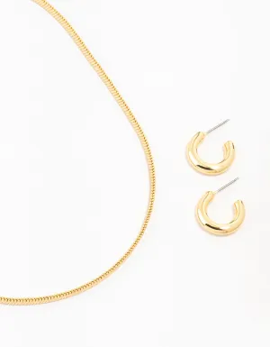 Gold Plated Round Hoop Earring & Herringbone Necklace Set