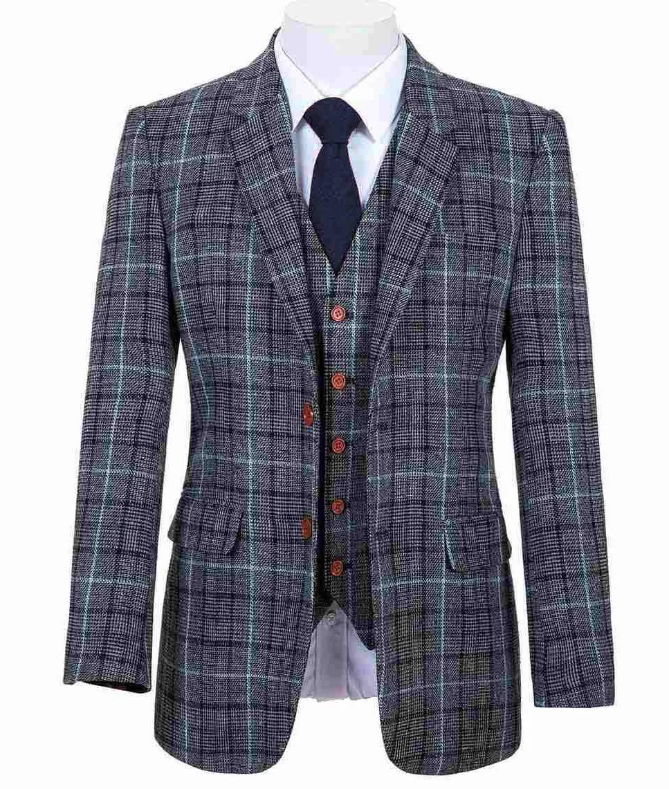 GREY BLUE HOUNDSTOOTH TWEED 3 PIECE SUIT