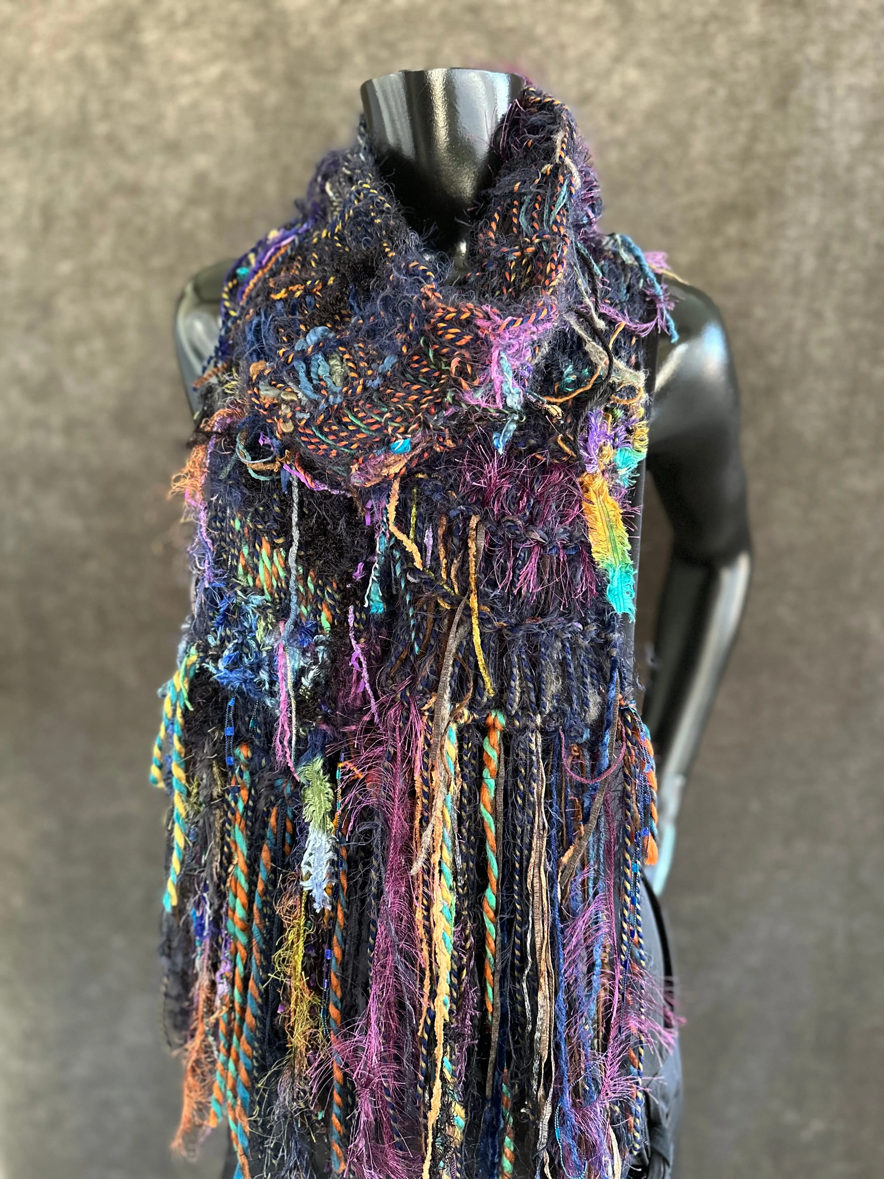 Hand knit Boho knit fringed scarf in jewel tones
