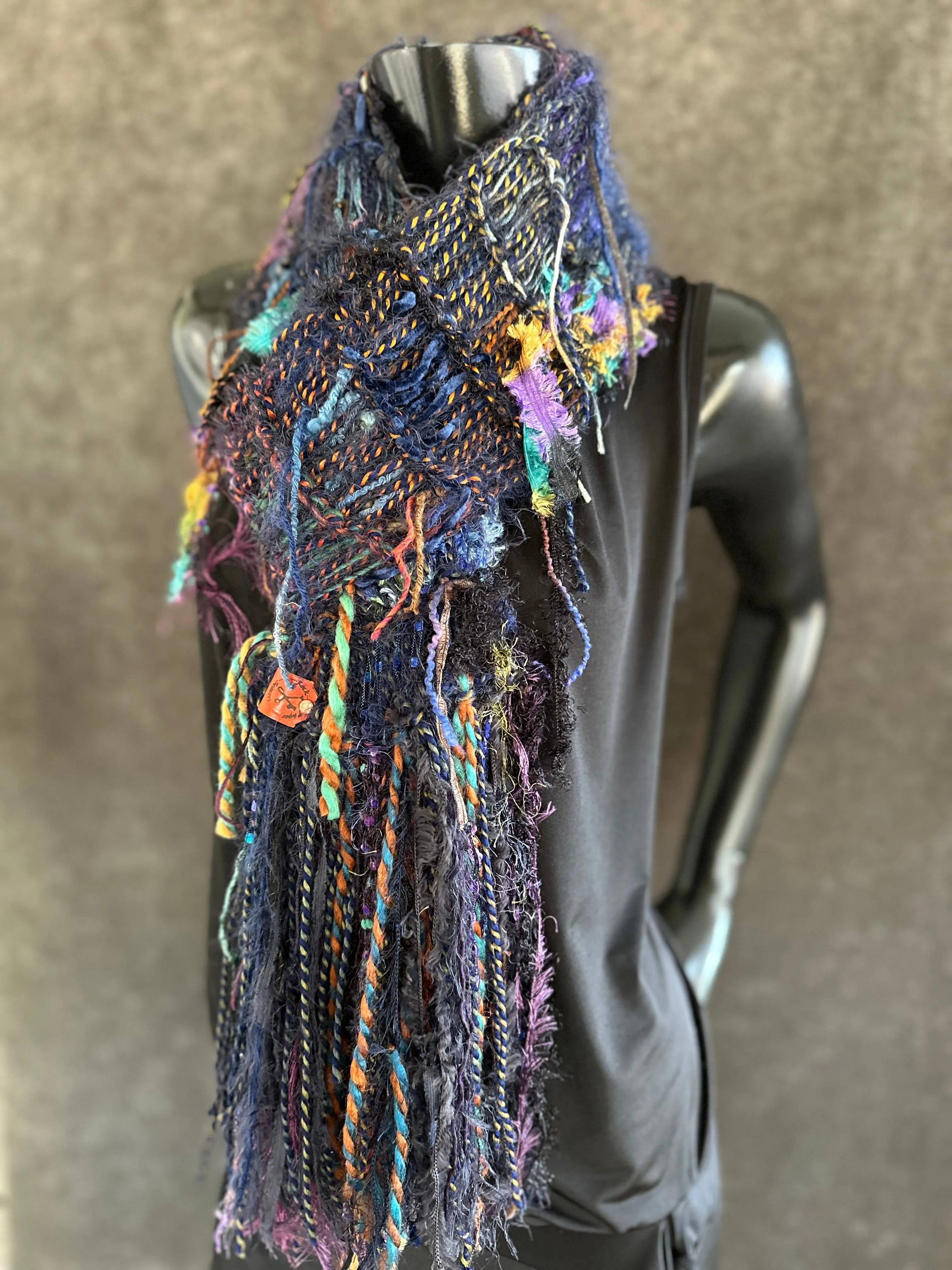 Hand knit Boho knit fringed scarf in jewel tones