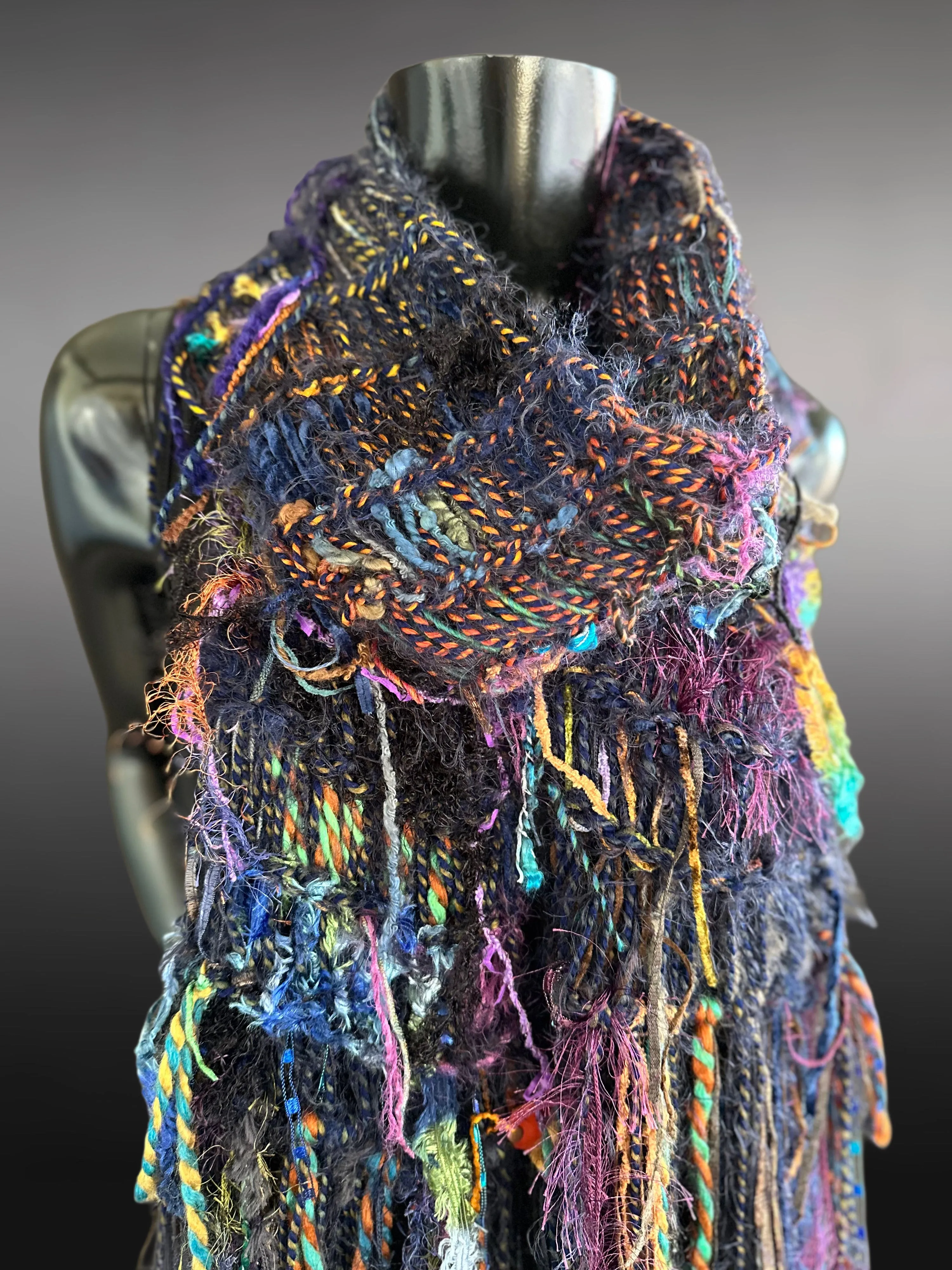 Hand knit Boho knit fringed scarf in jewel tones