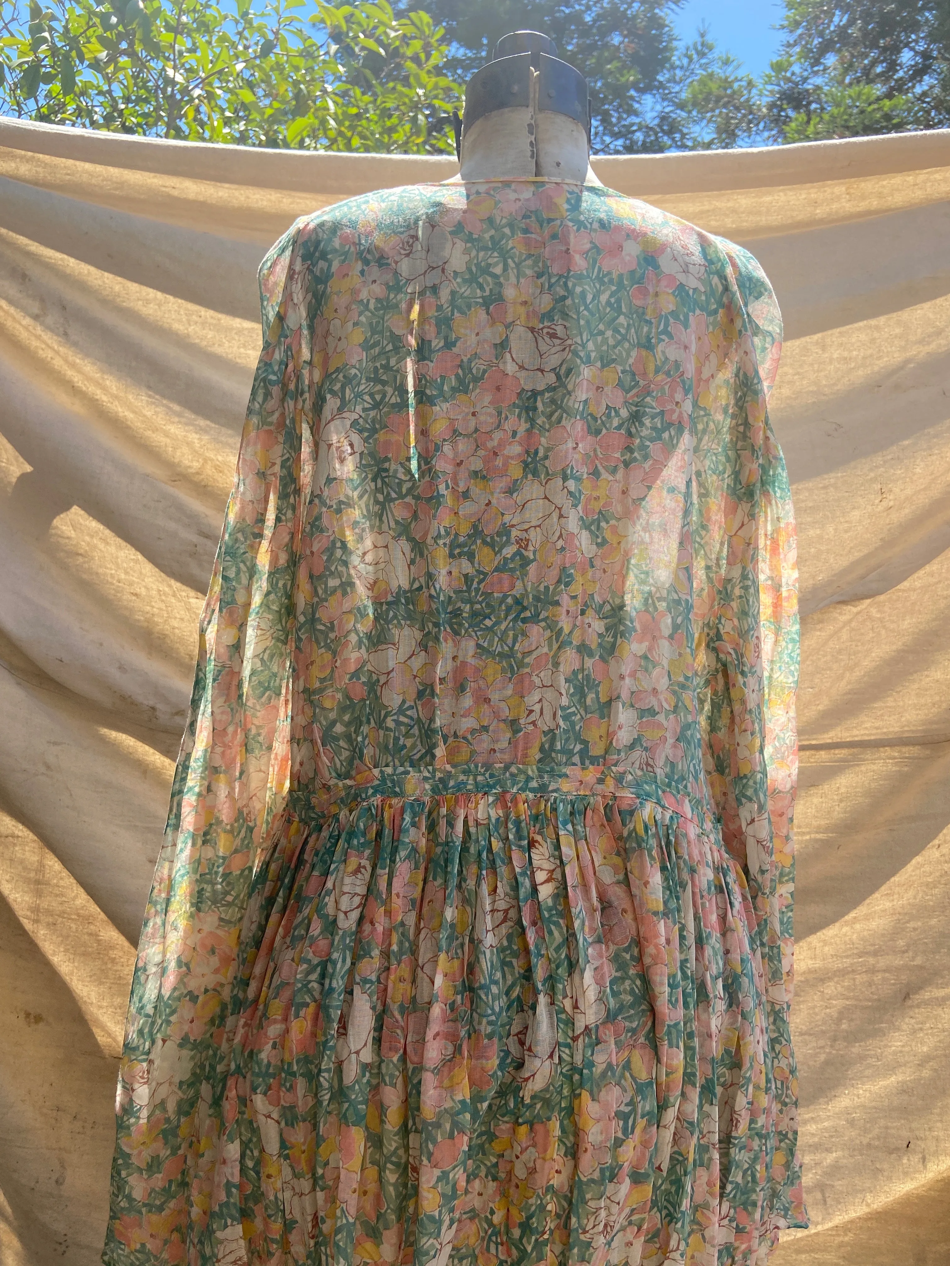Handmade 1930s Watercolor Voile Bell Sleeve Dress