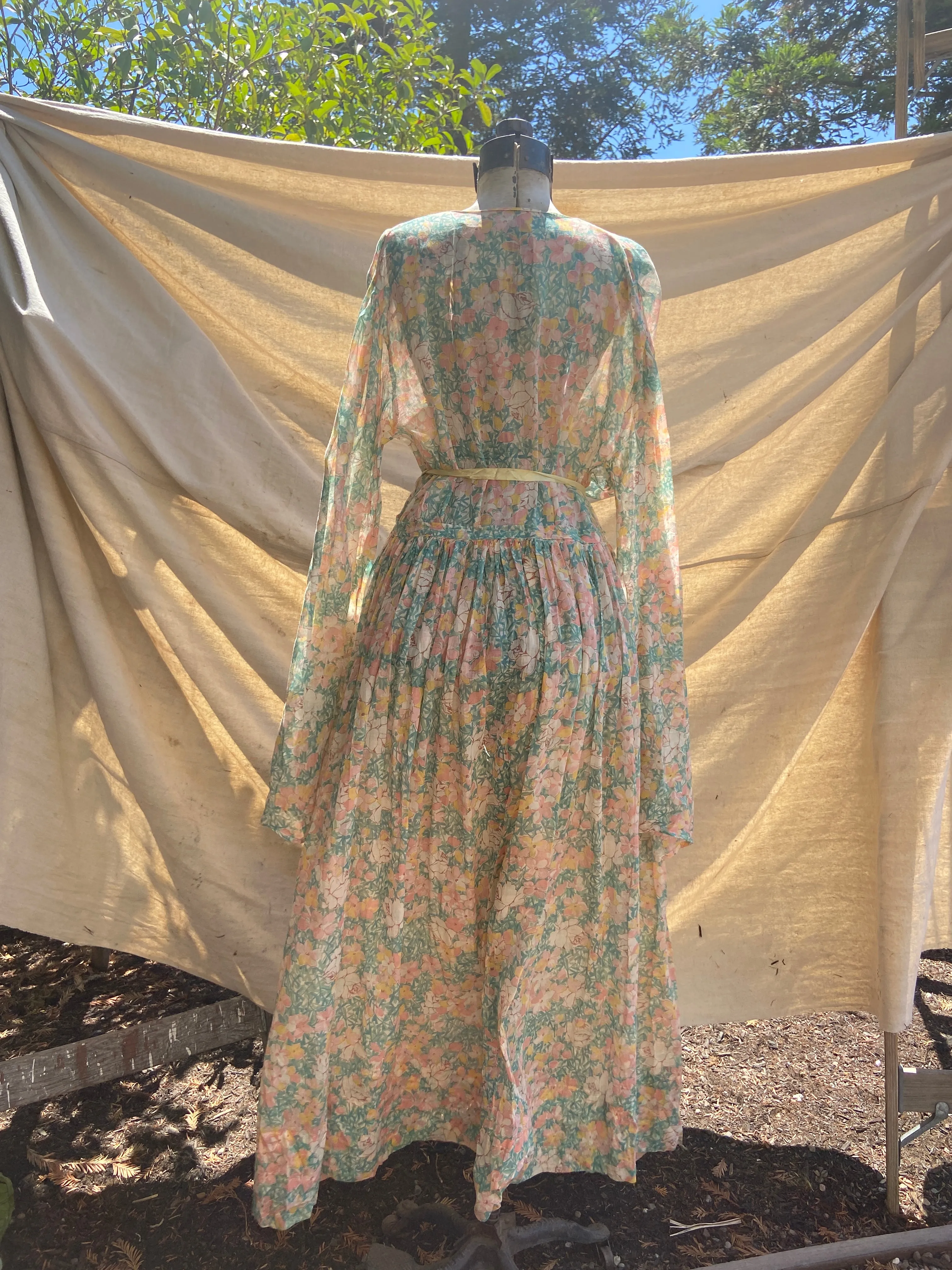 Handmade 1930s Watercolor Voile Bell Sleeve Dress
