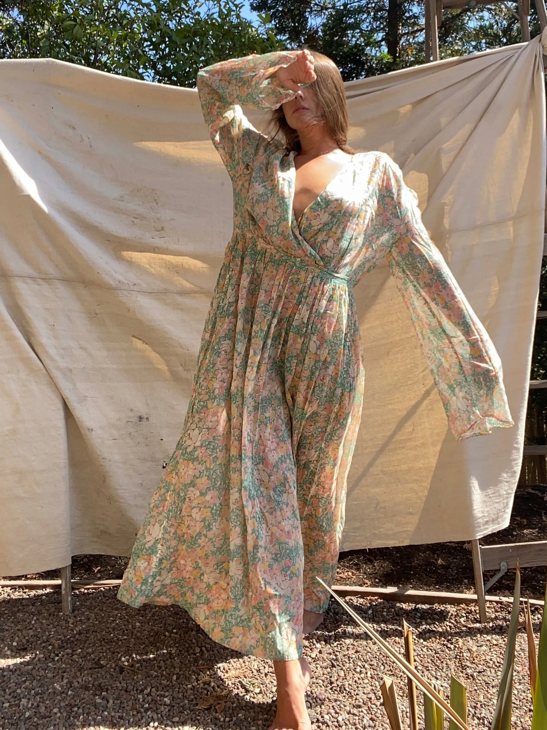 Handmade 1930s Watercolor Voile Bell Sleeve Dress