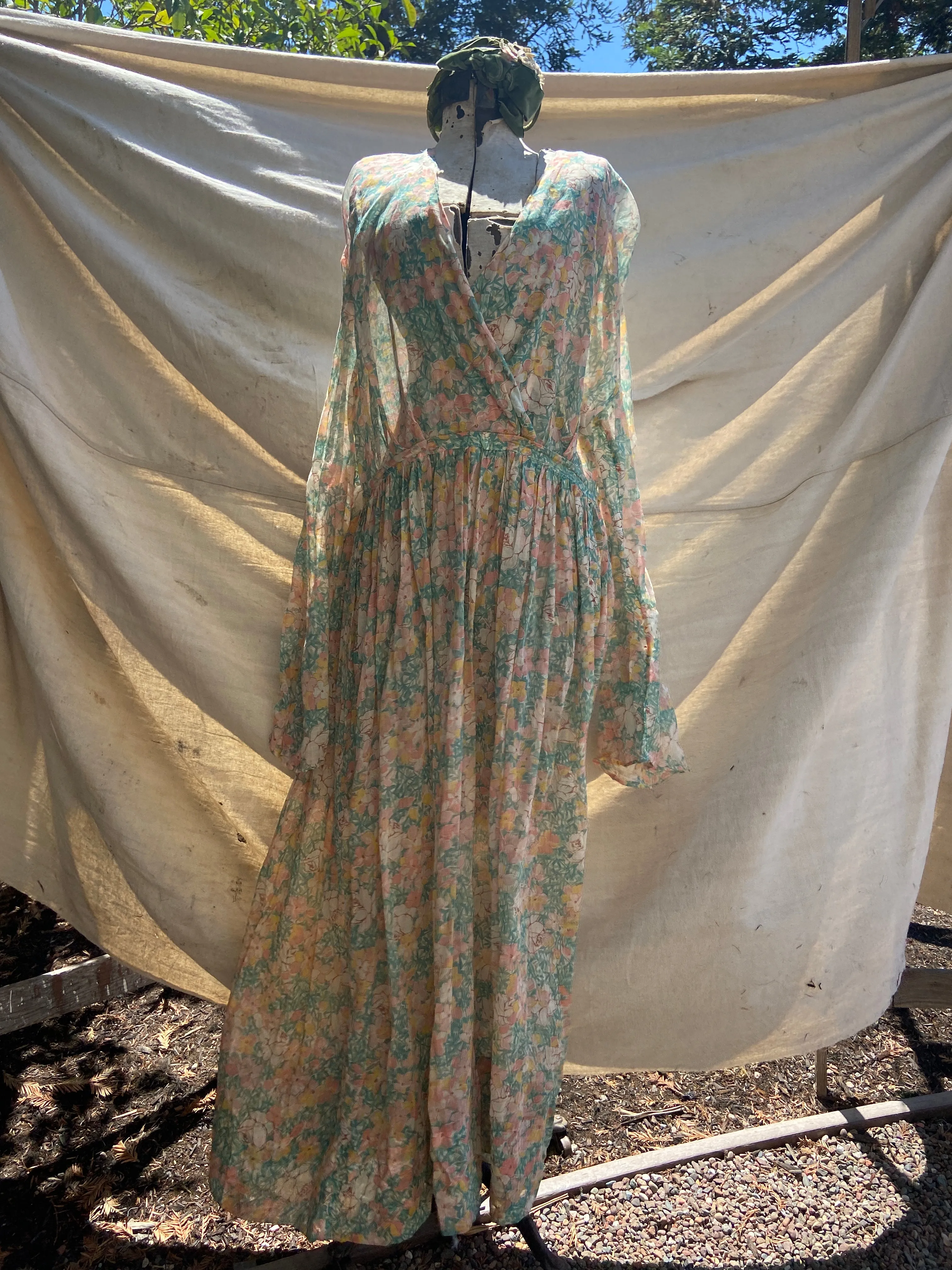 Handmade 1930s Watercolor Voile Bell Sleeve Dress