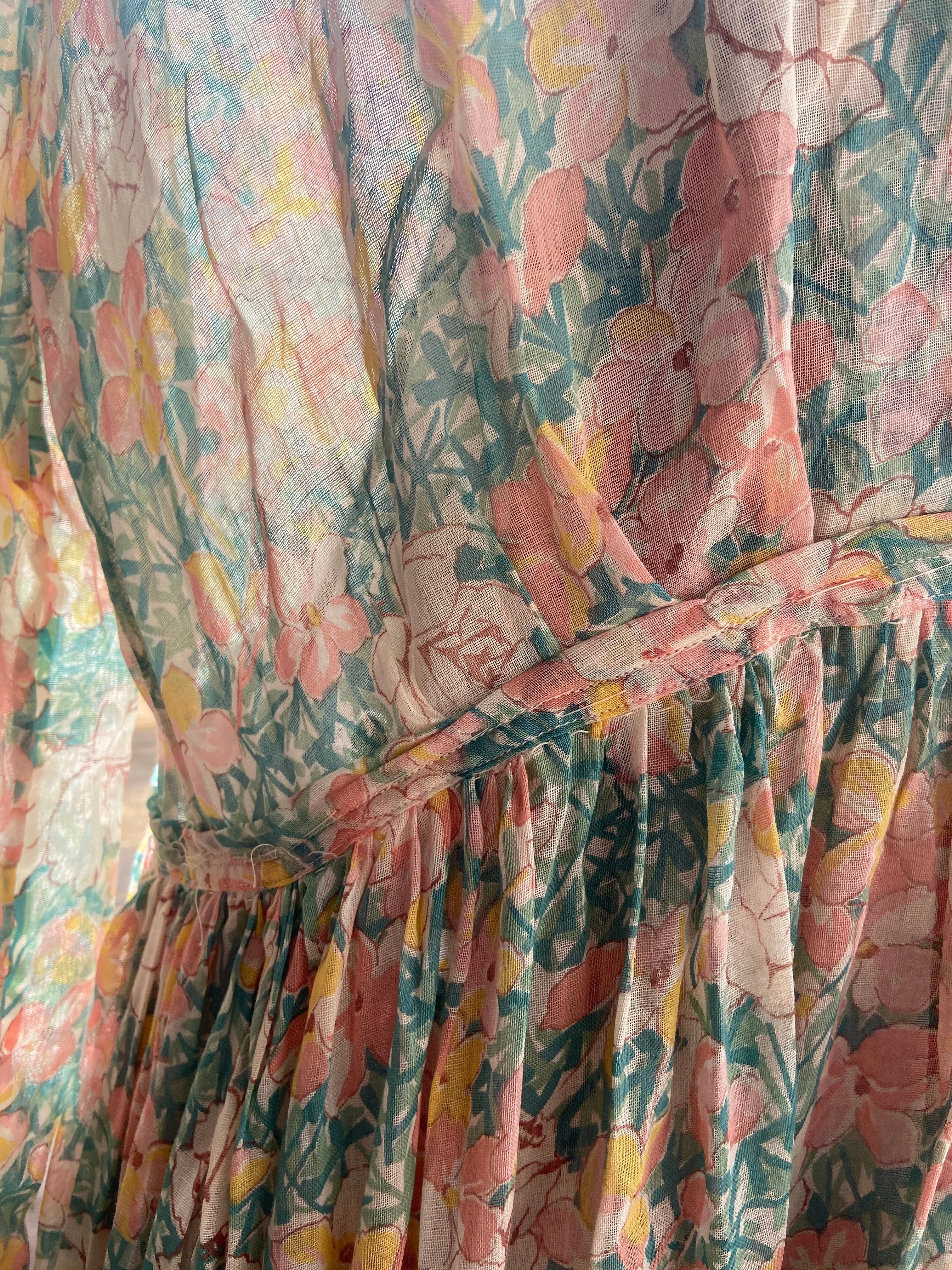Handmade 1930s Watercolor Voile Bell Sleeve Dress