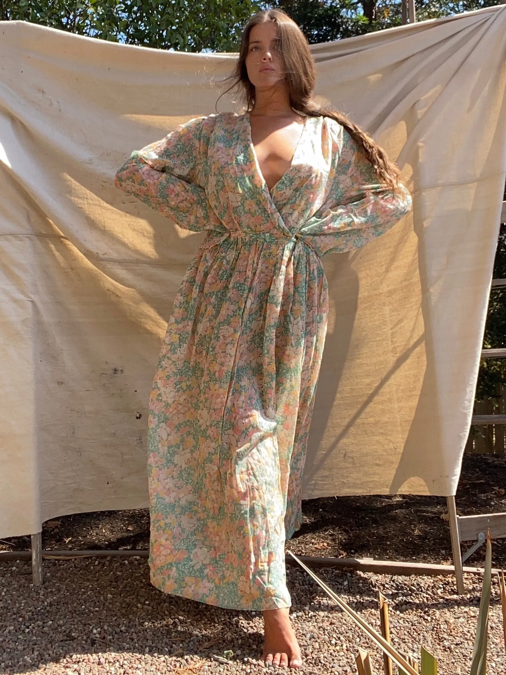Handmade 1930s Watercolor Voile Bell Sleeve Dress