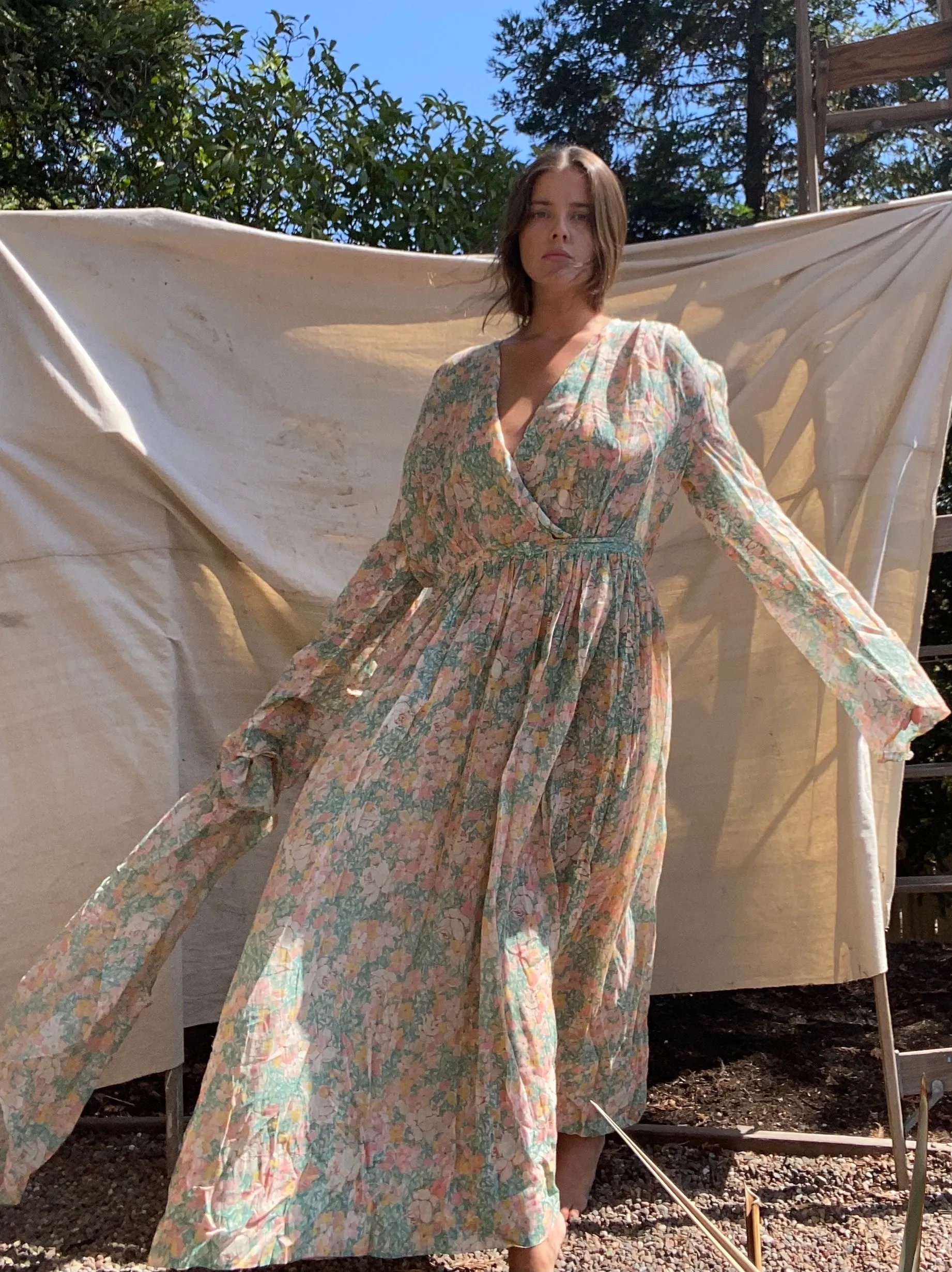 Handmade 1930s Watercolor Voile Bell Sleeve Dress
