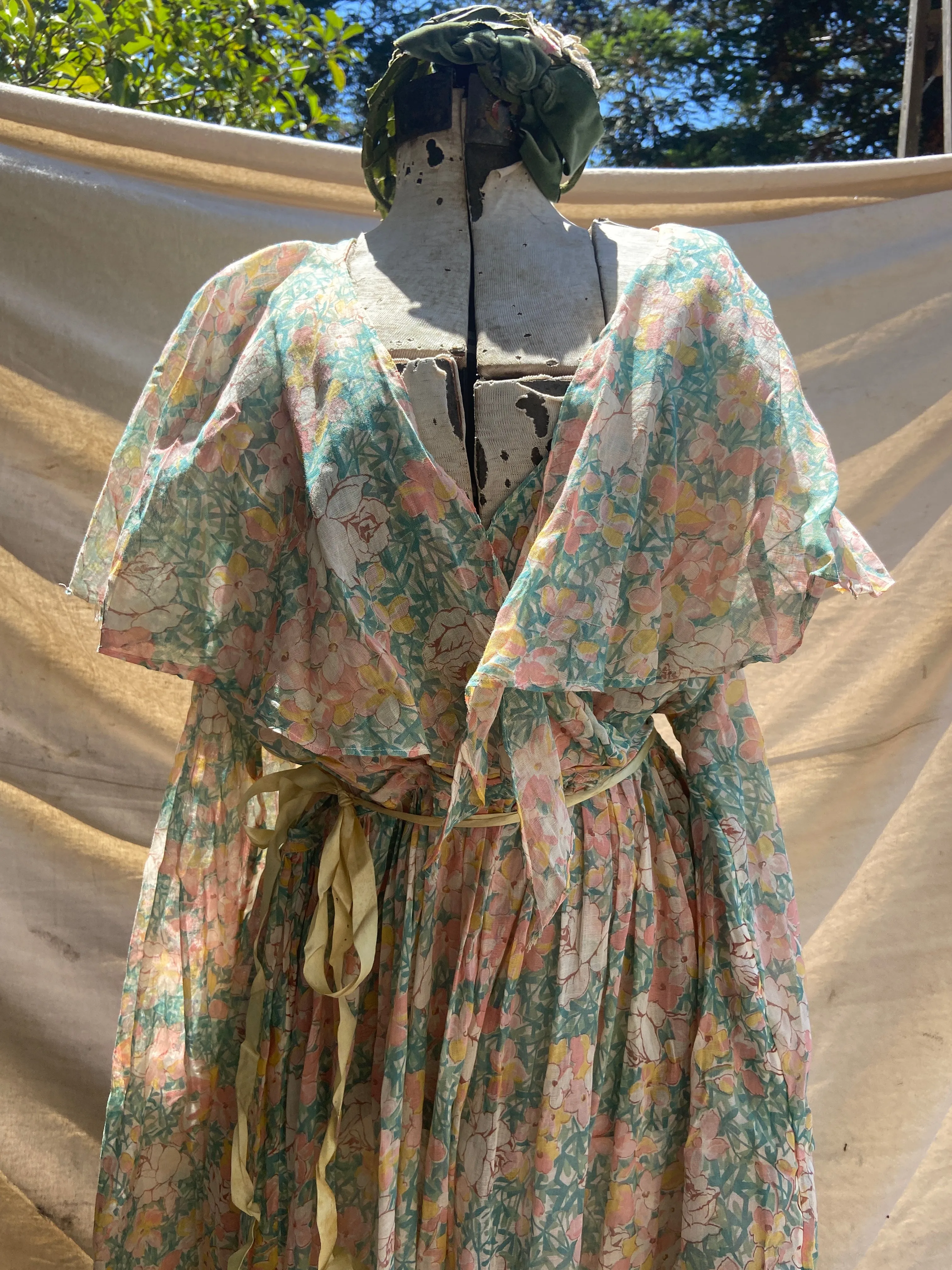 Handmade 1930s Watercolor Voile Bell Sleeve Dress
