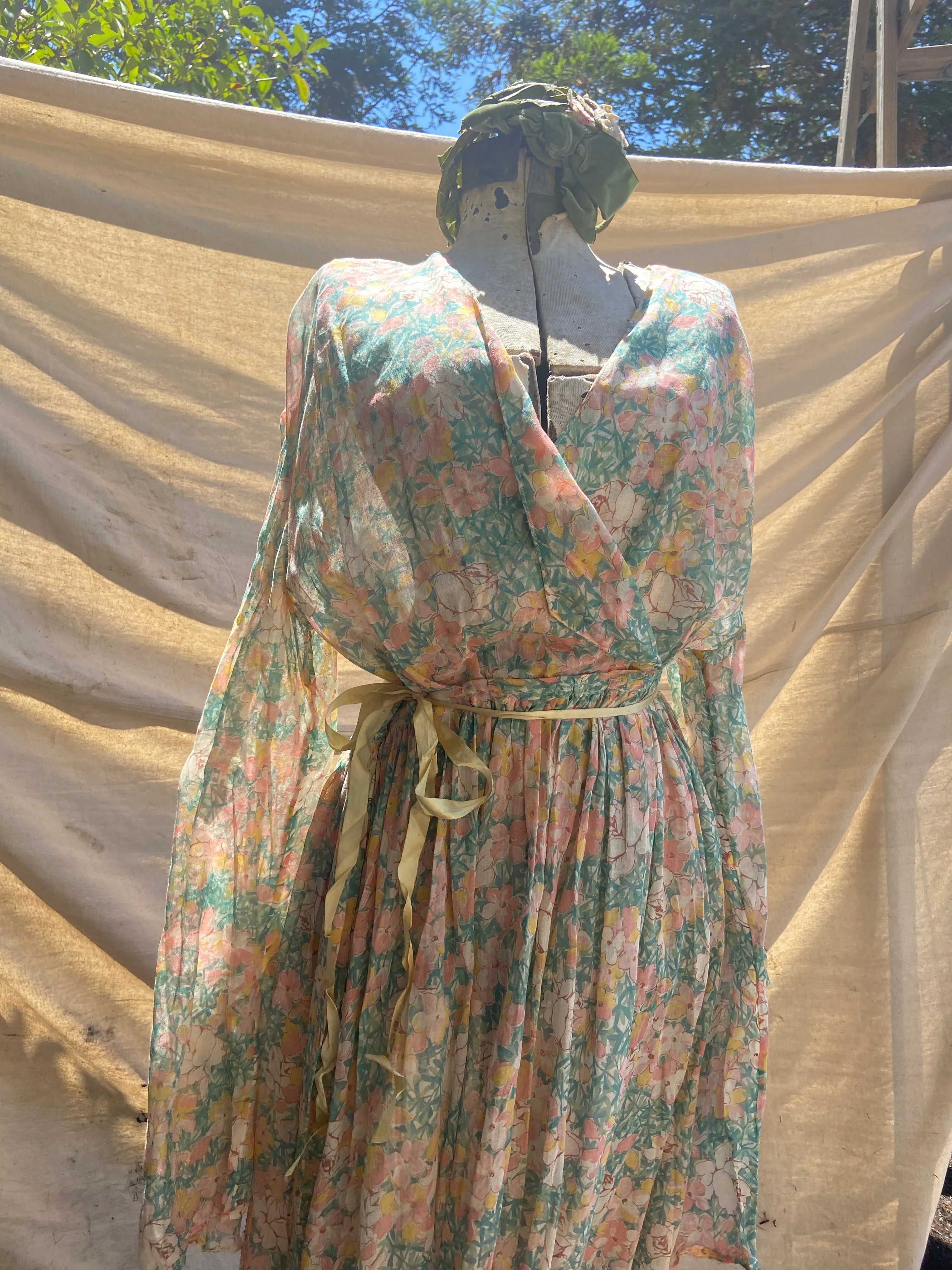 Handmade 1930s Watercolor Voile Bell Sleeve Dress
