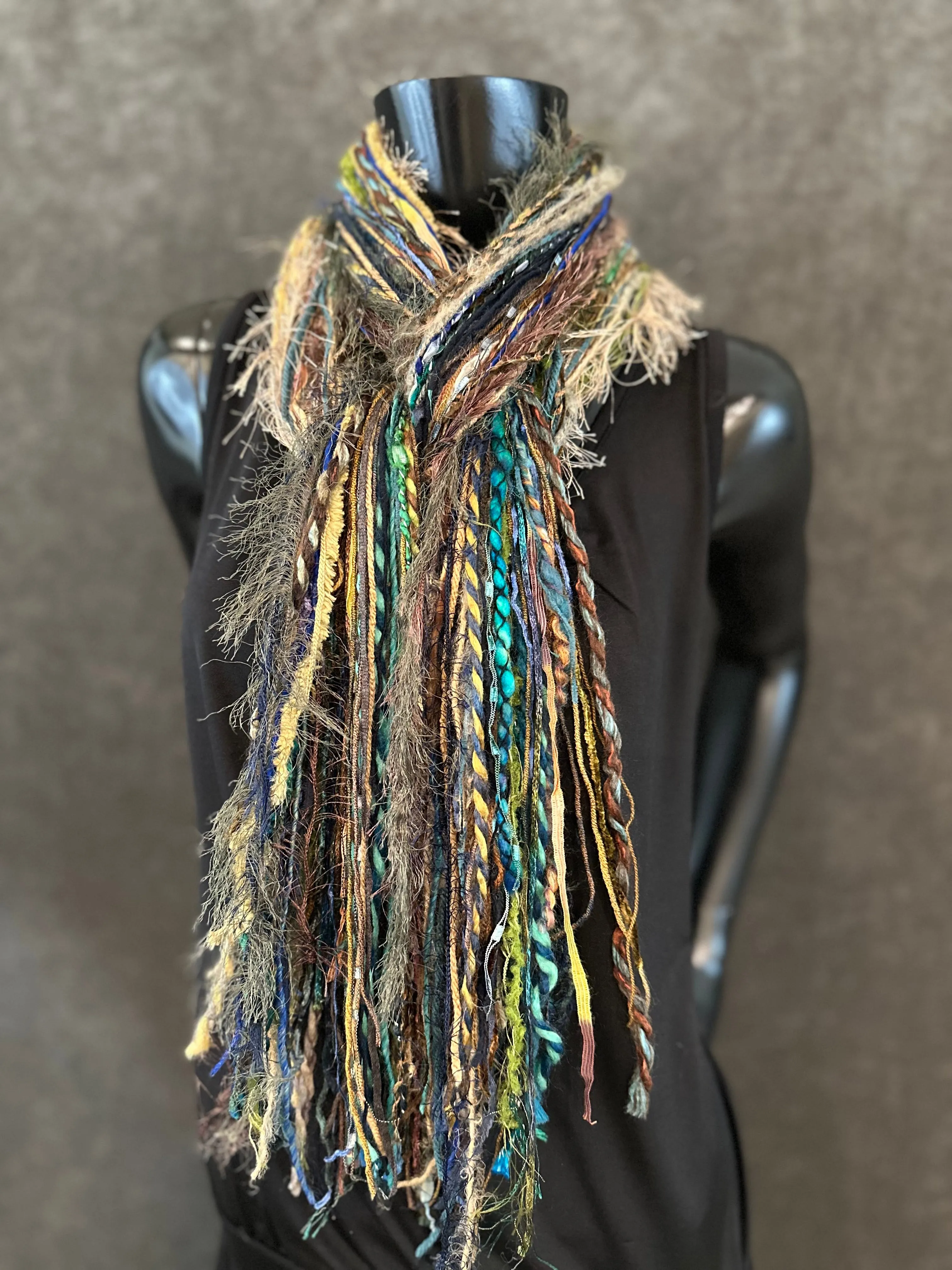 Handmade Mardi Gras color fringe scarf with art yarns, Boho content scarf