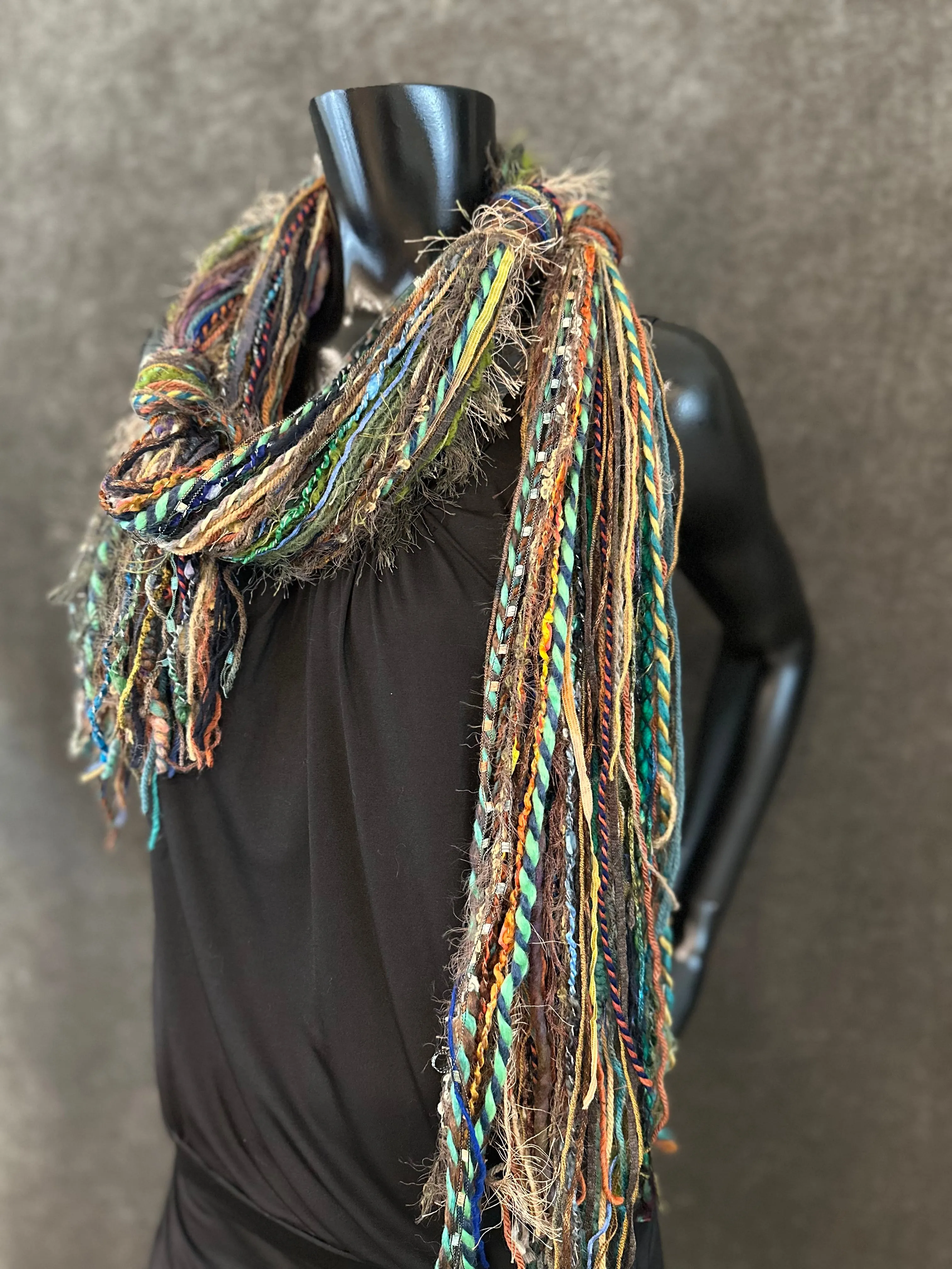 Handmade Mardi Gras color fringe scarf with art yarns, Boho content scarf