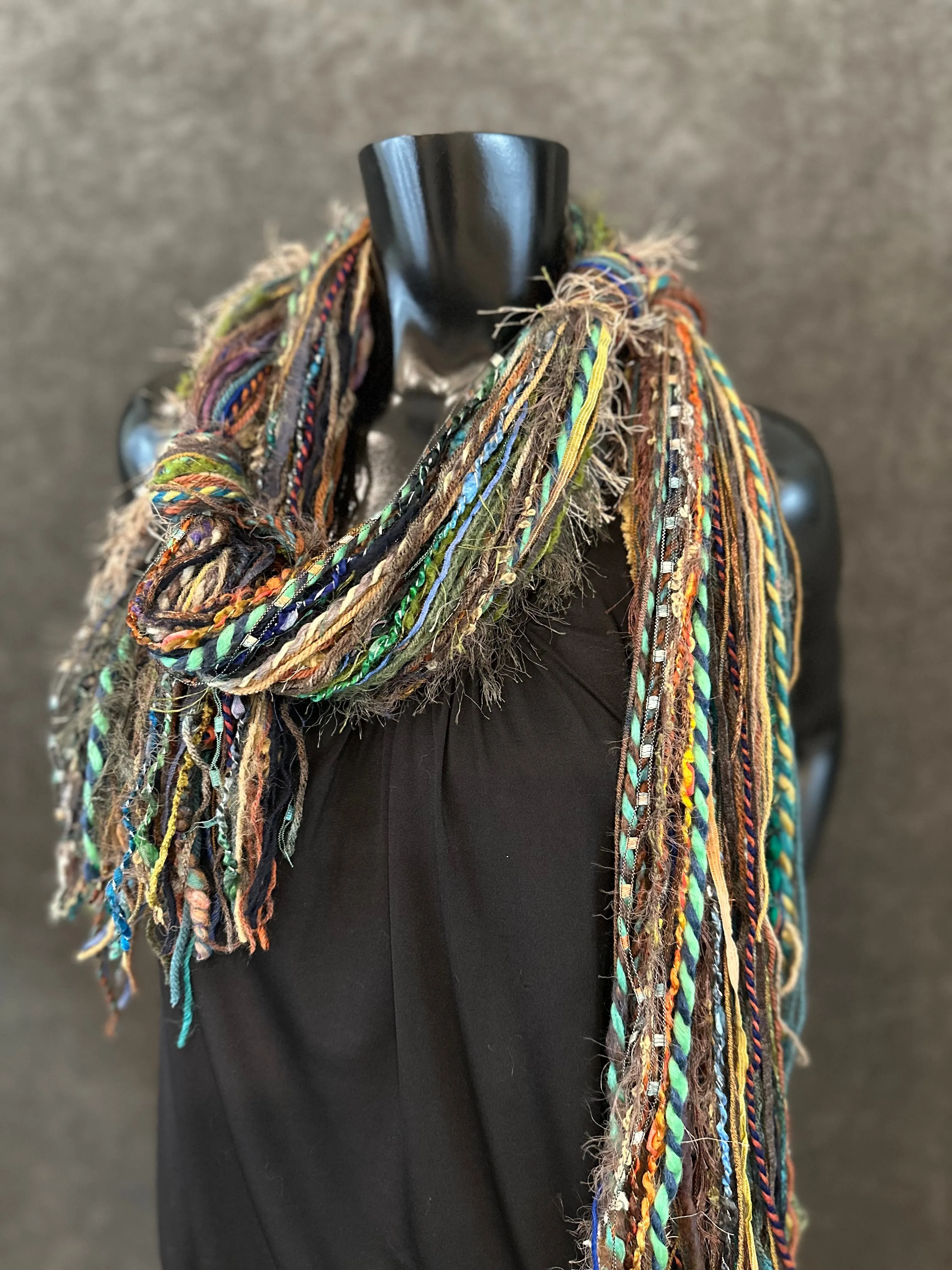 Handmade Mardi Gras color fringe scarf with art yarns, Boho content scarf