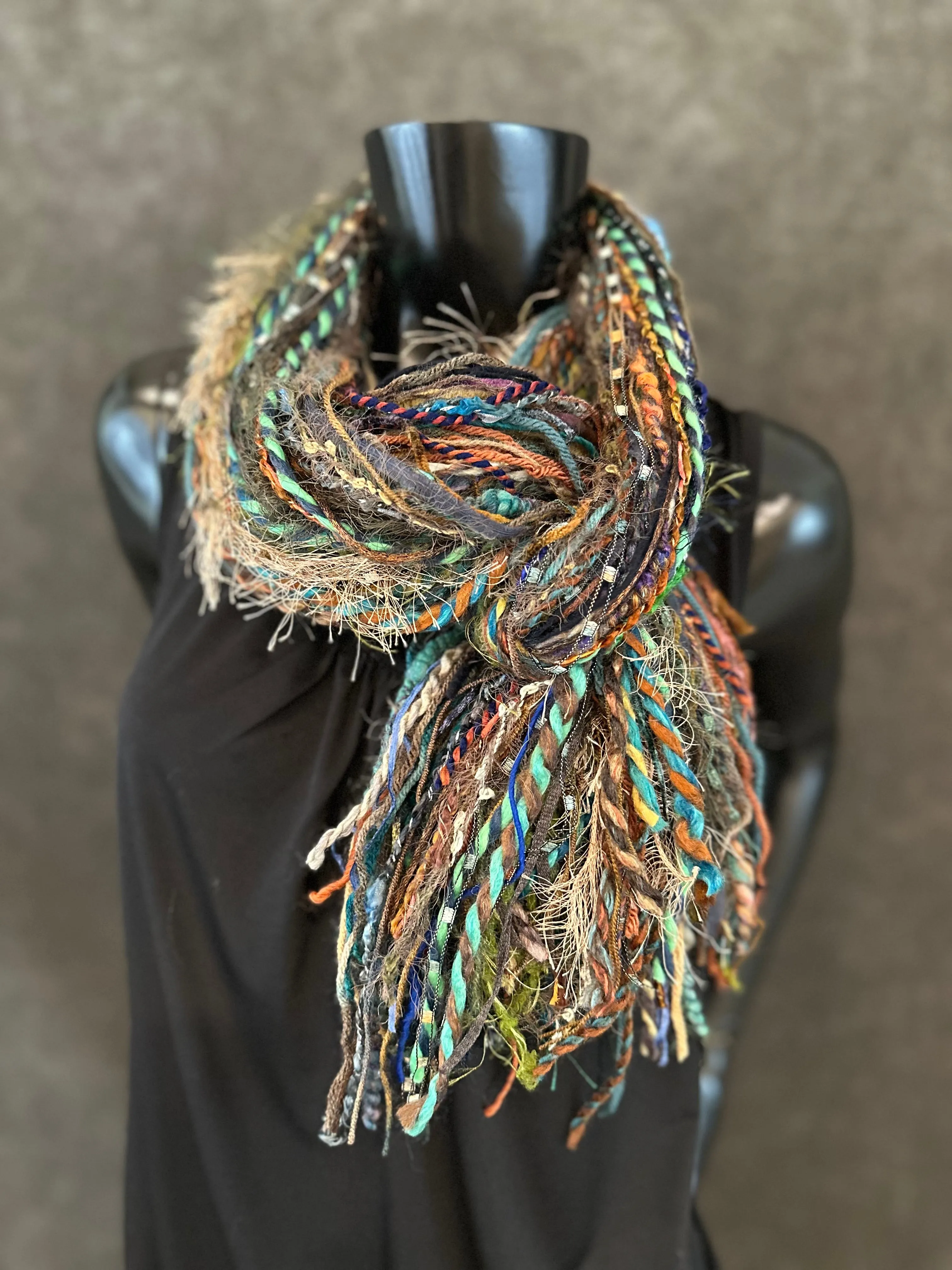 Handmade Mardi Gras color fringe scarf with art yarns, Boho content scarf