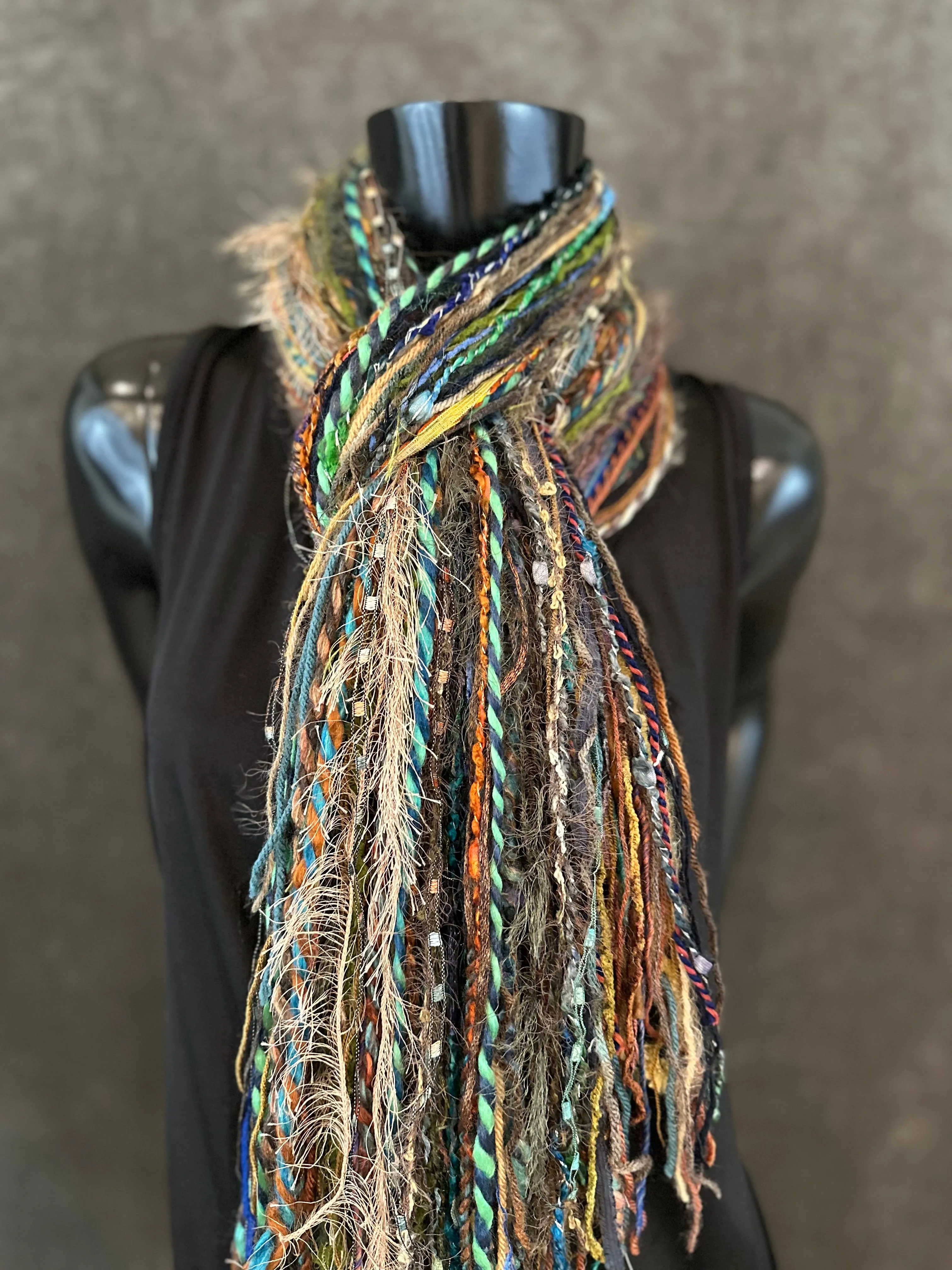 Handmade Mardi Gras color fringe scarf with art yarns, Boho content scarf