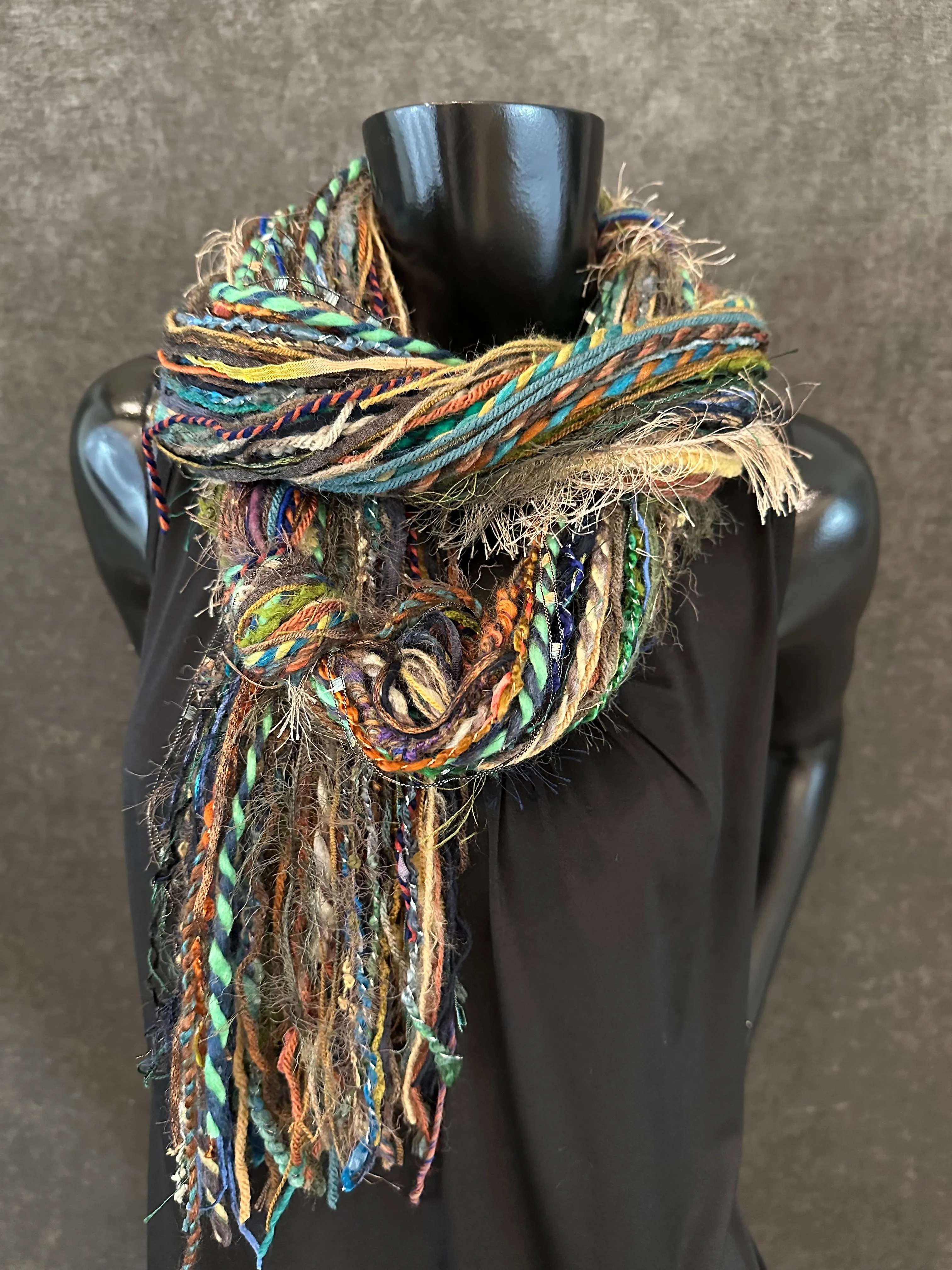 Handmade Mardi Gras color fringe scarf with art yarns, Boho content scarf
