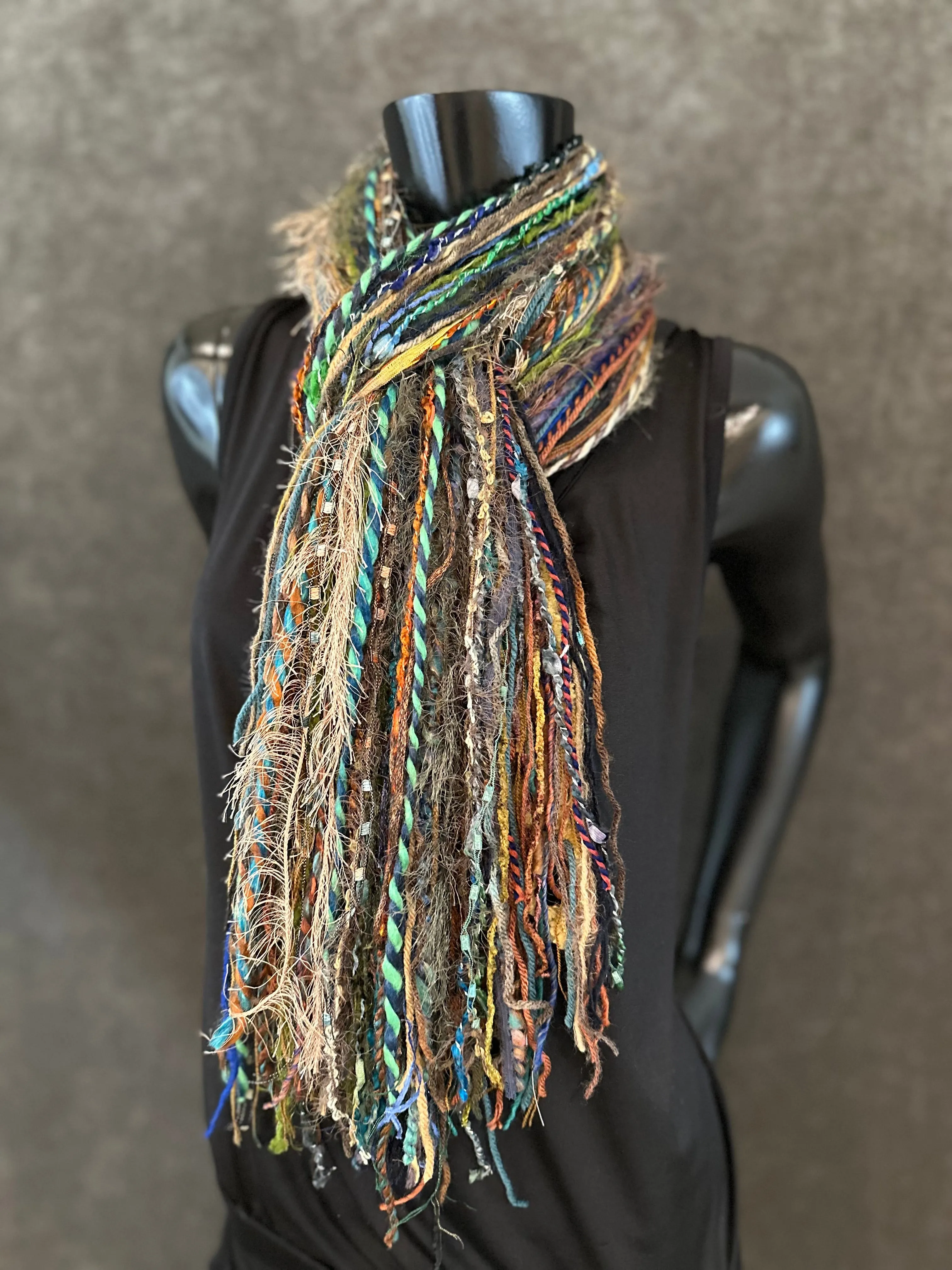 Handmade Mardi Gras color fringe scarf with art yarns, Boho content scarf