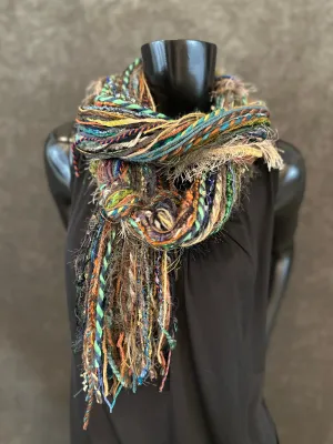 Handmade Mardi Gras color fringe scarf with art yarns, Boho content scarf
