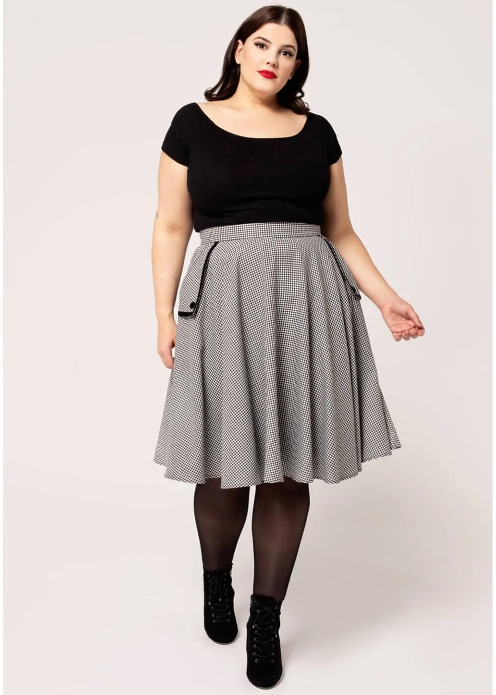 Hell Bunny Teddy Houndstooth 40's Swing Skirt Gray