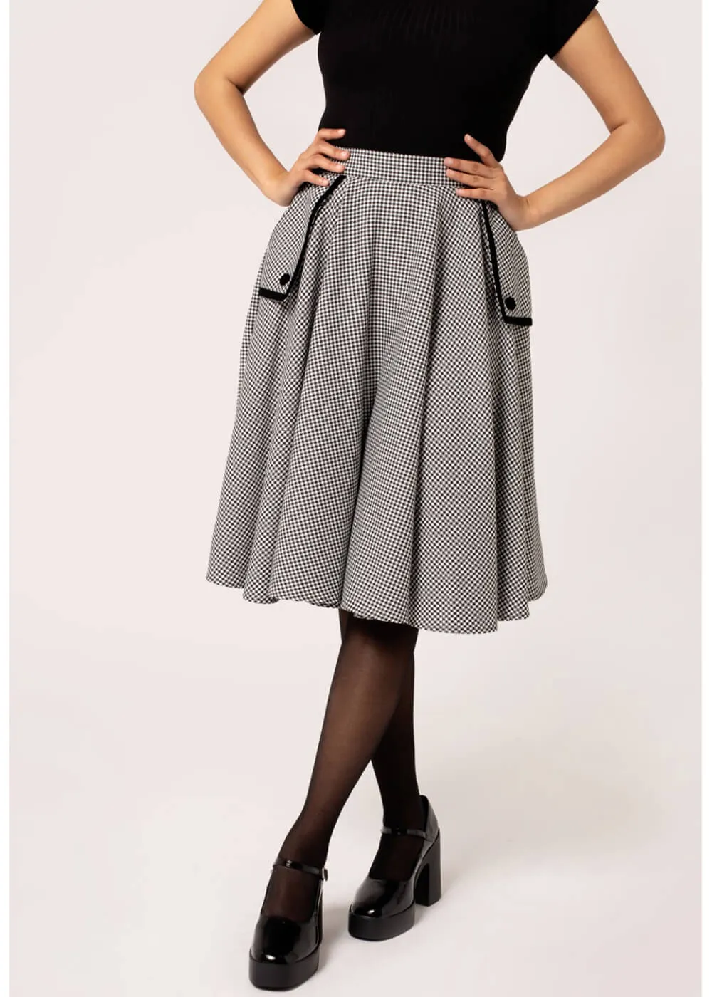 Hell Bunny Teddy Houndstooth 40's Swing Skirt Gray
