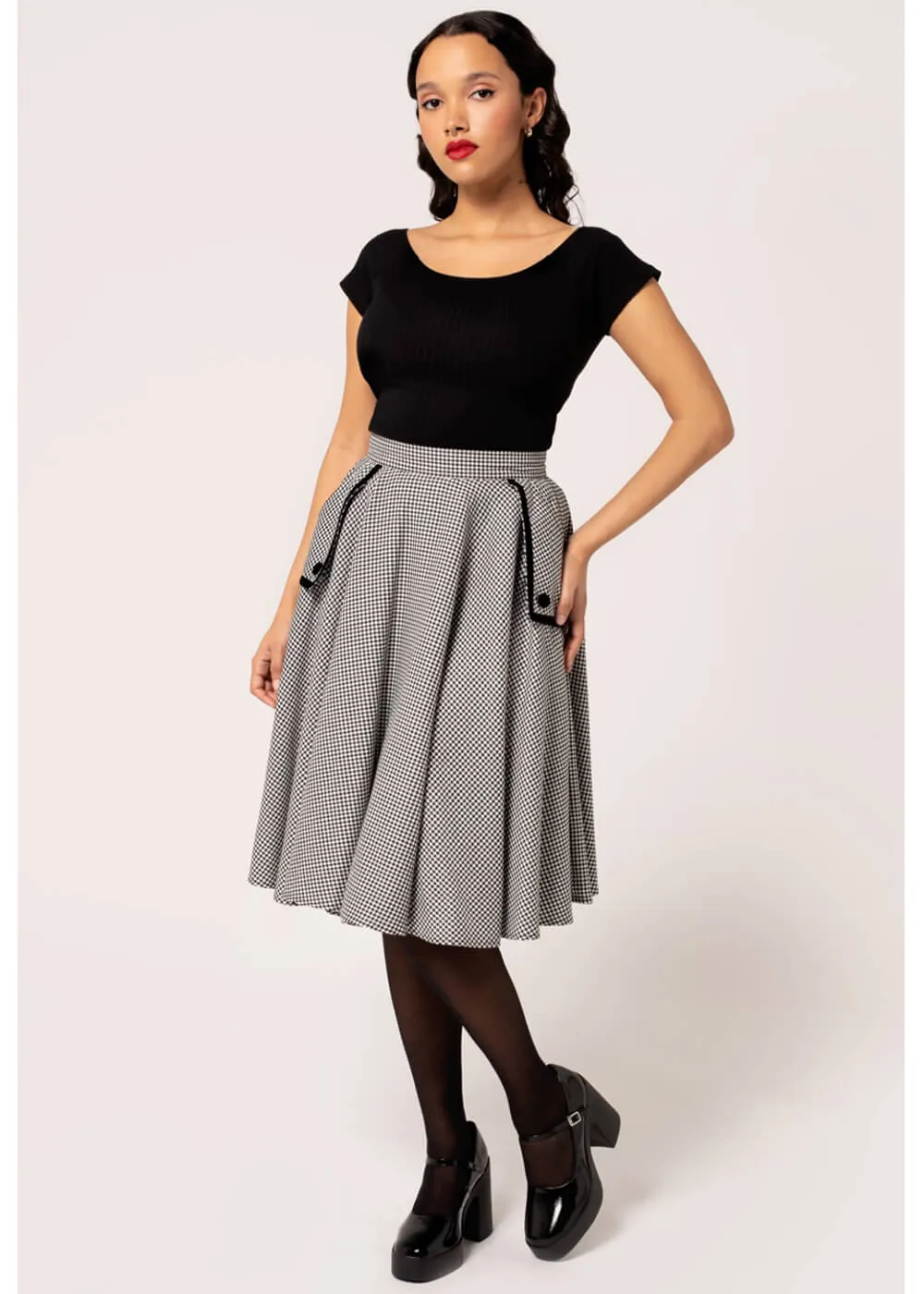 Hell Bunny Teddy Houndstooth 40's Swing Skirt Gray