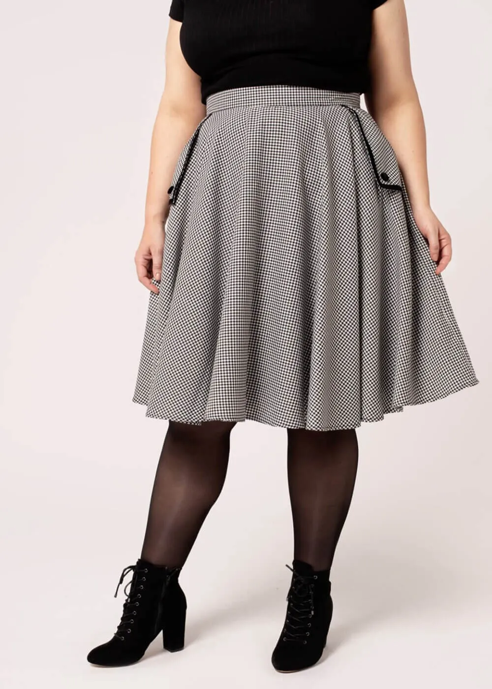 Hell Bunny Teddy Houndstooth 40's Swing Skirt Gray