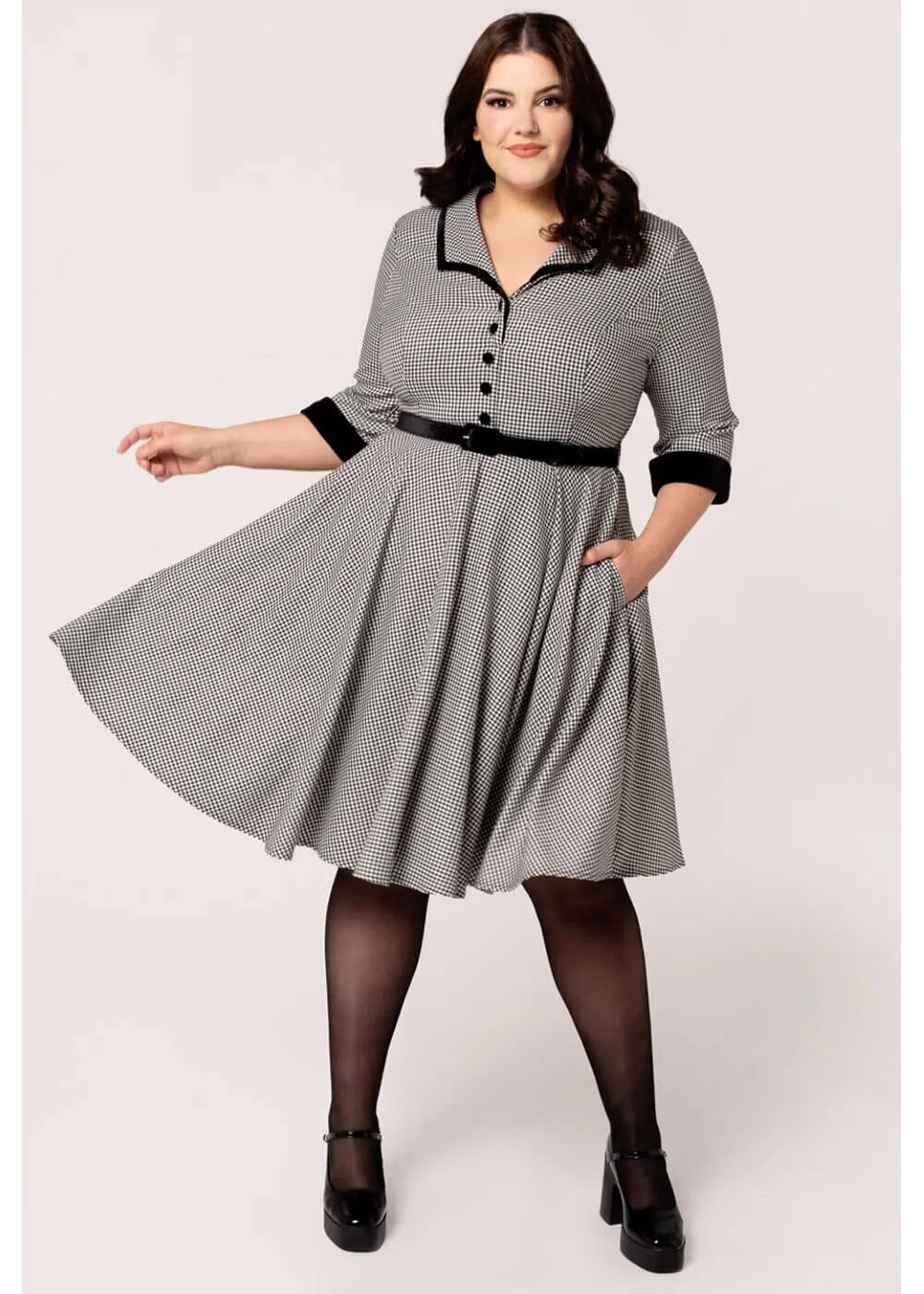 Hell Bunny Teddy Houndstooth 50's Swing Dress Grau