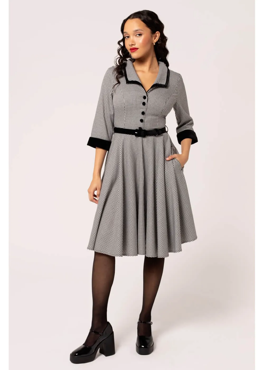 Hell Bunny Teddy Houndstooth 50's Swing Dress Grau