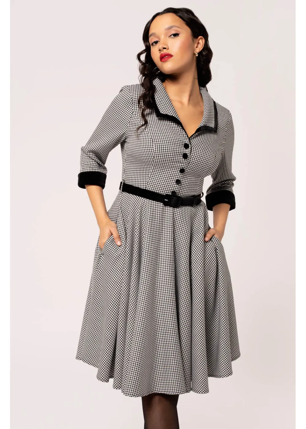 Hell Bunny Teddy Houndstooth 50's Swing Dress Grau