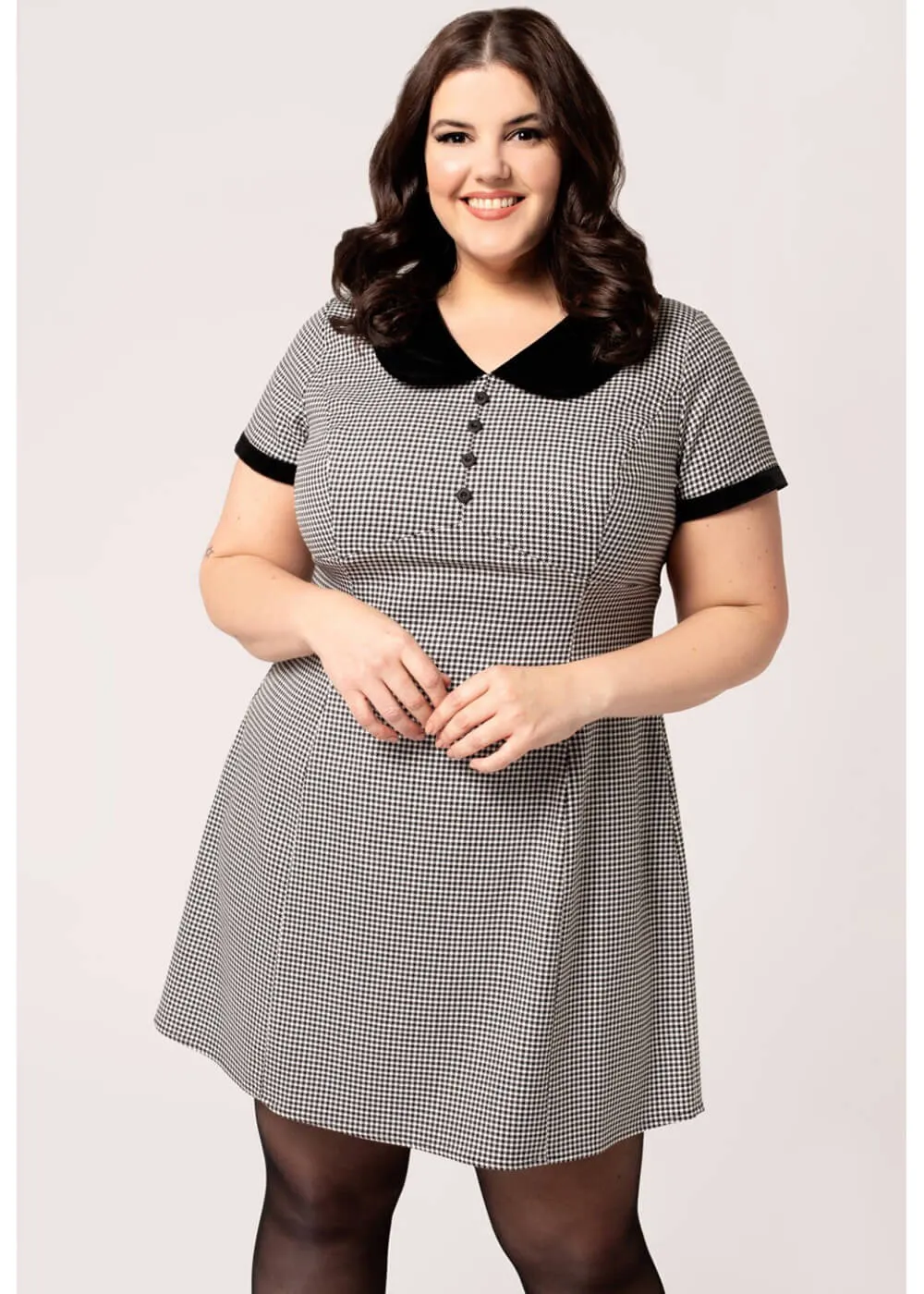 Hell Bunny Teddy Houndstooth 60's Short Dress Grey
