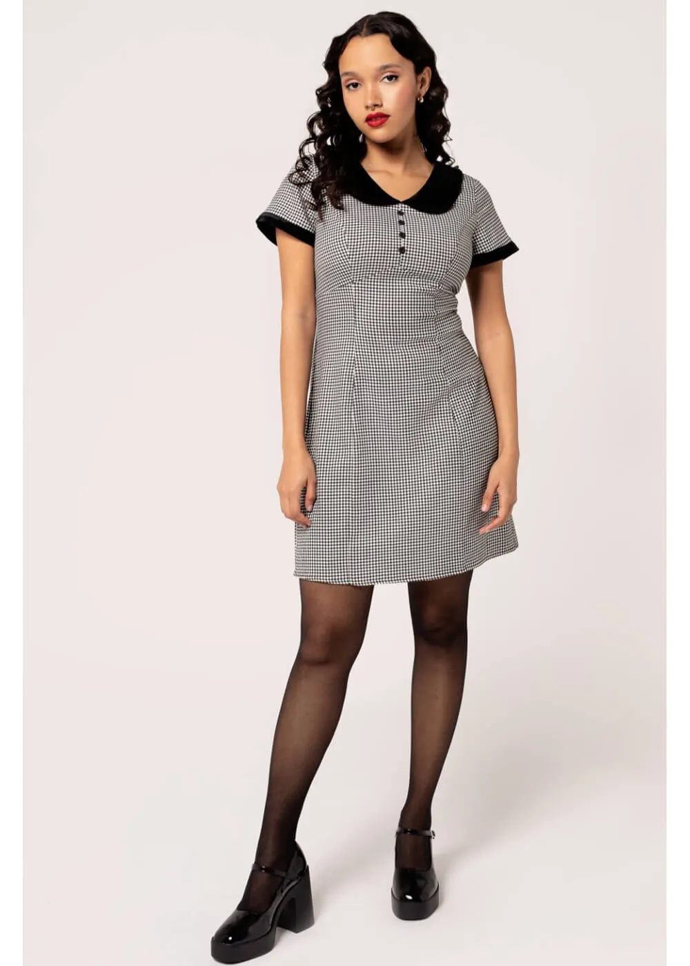 Hell Bunny Teddy Houndstooth 60's Short Dress Grey