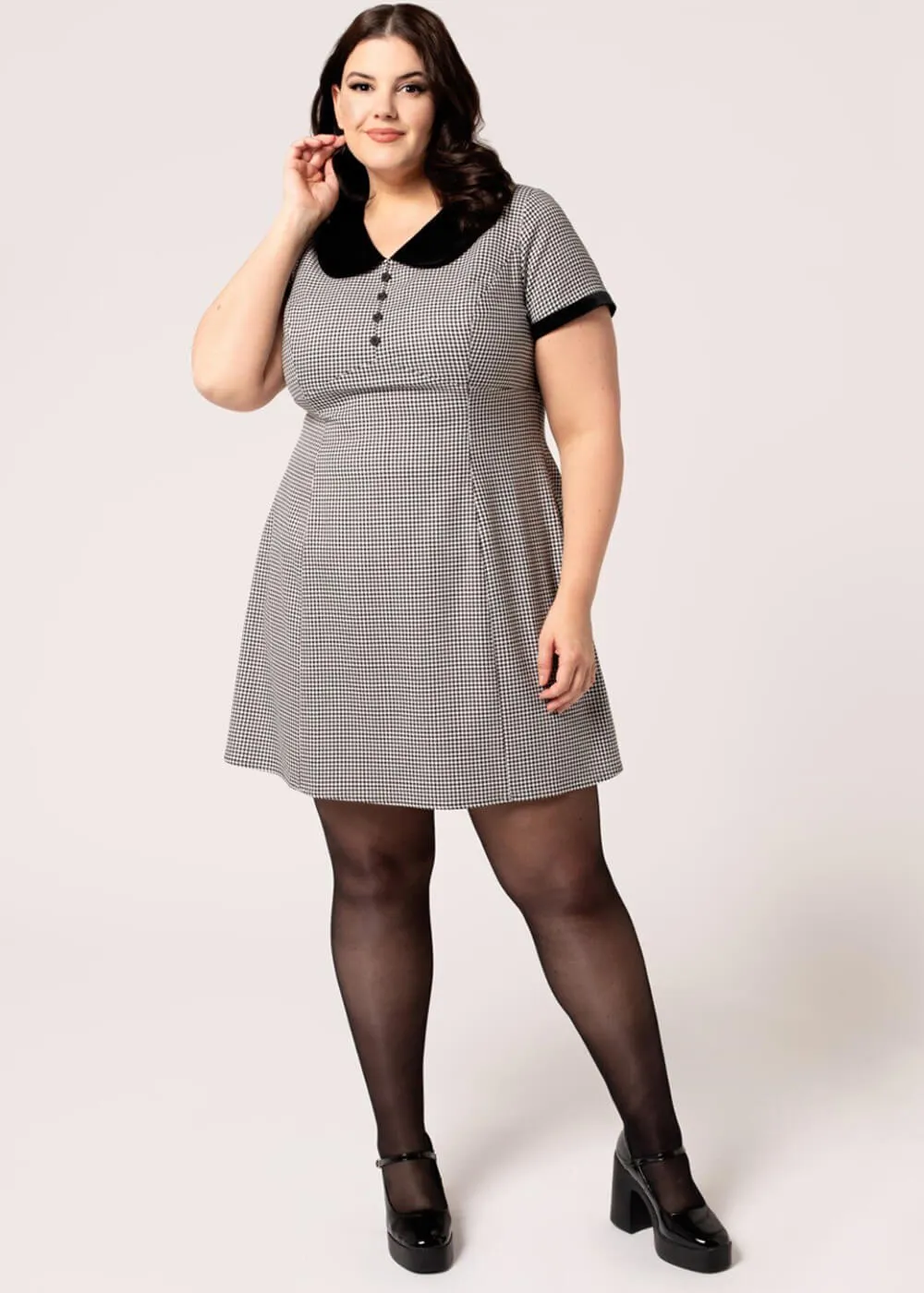 Hell Bunny Teddy Houndstooth 60's Short Dress Grey