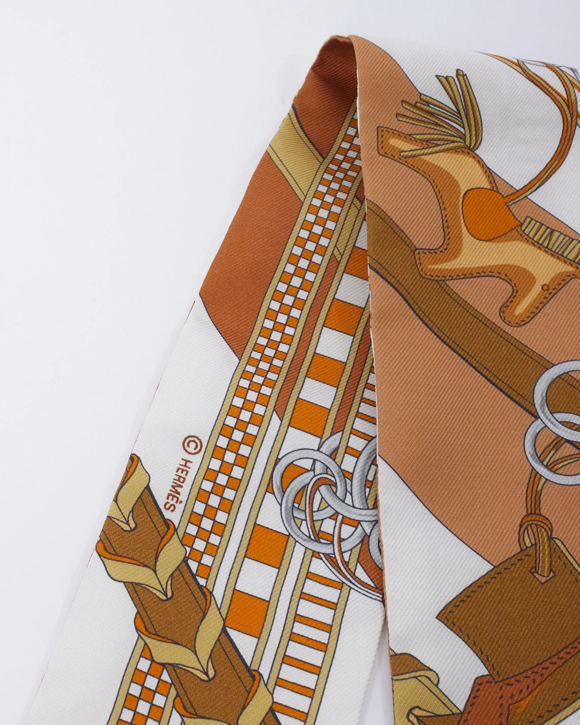 Hermès Tan & White Silk Rodeo Print Twilly