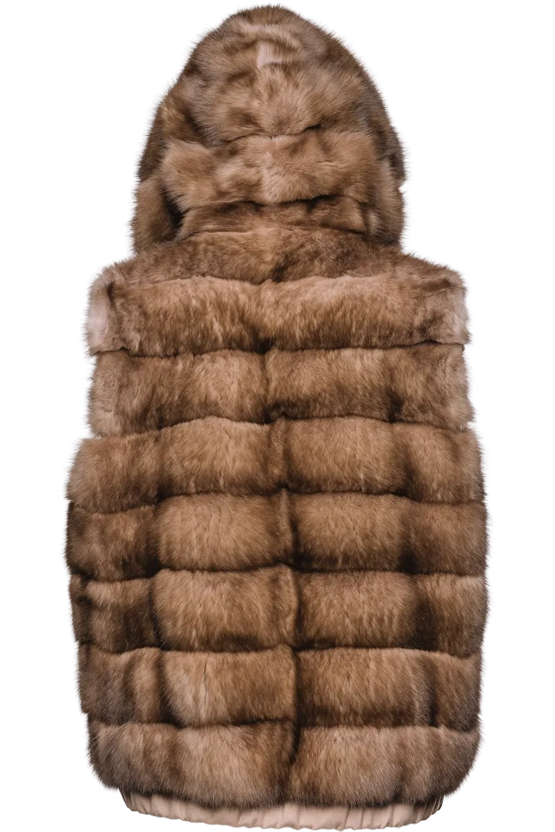 Hooded Reversible Tortora Sable Fur Vest - Loro Piana Cashmere
