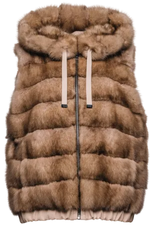 Hooded Reversible Tortora Sable Fur Vest - Loro Piana Cashmere