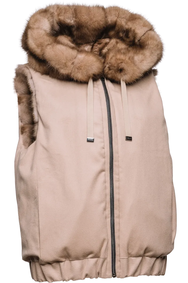 Hooded Reversible Tortora Sable Fur Vest - Loro Piana Cashmere