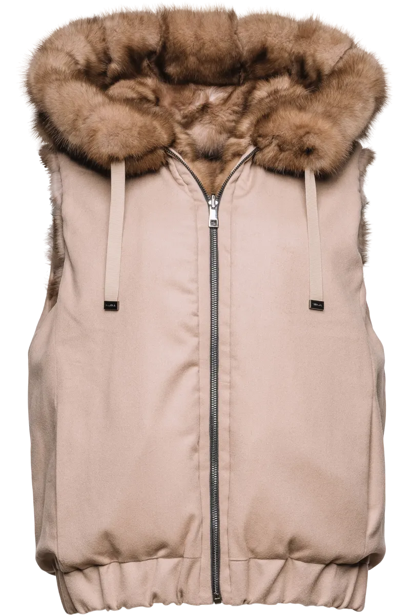 Hooded Reversible Tortora Sable Fur Vest - Loro Piana Cashmere