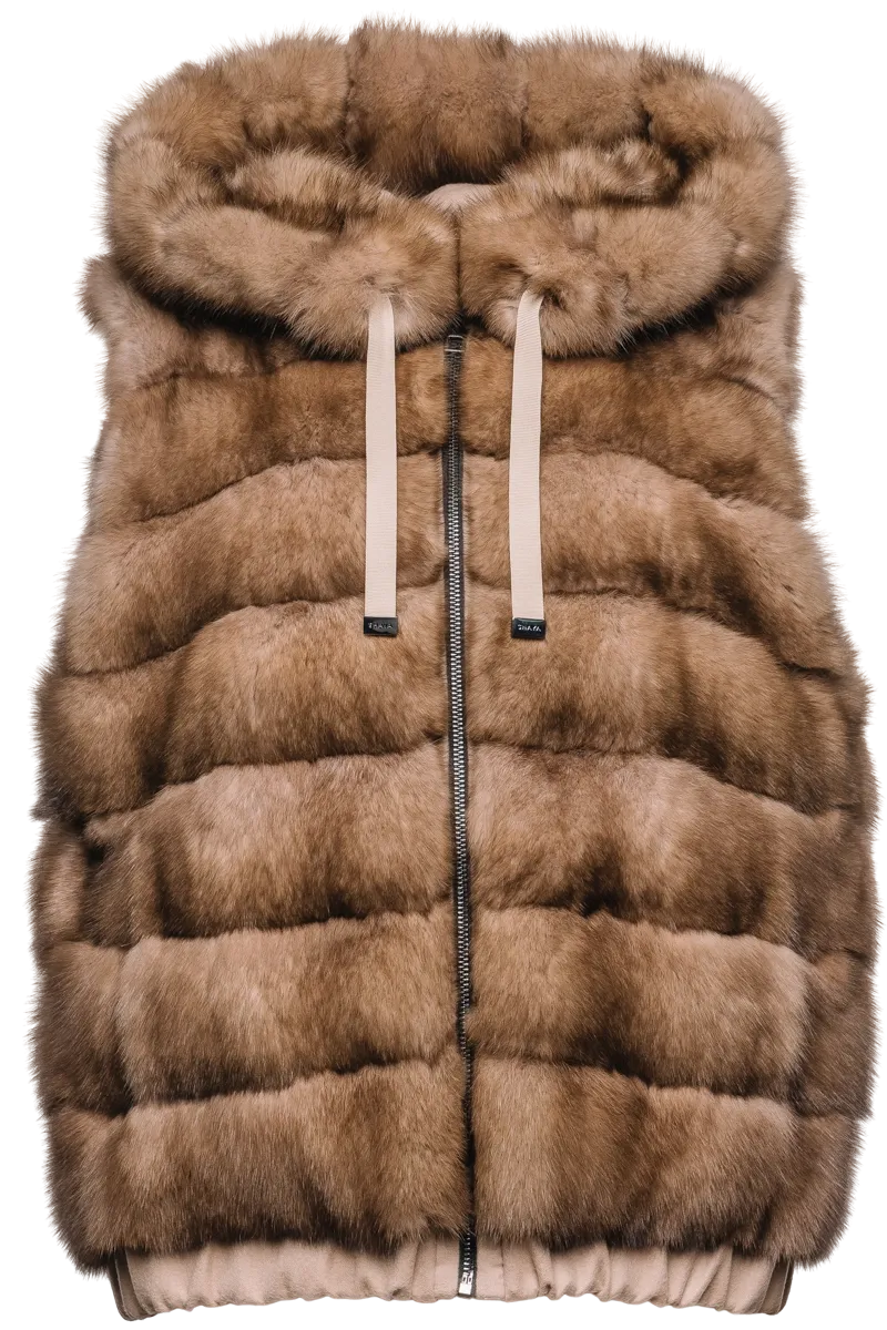 Hooded Reversible Tortora Sable Fur Vest - Loro Piana Cashmere