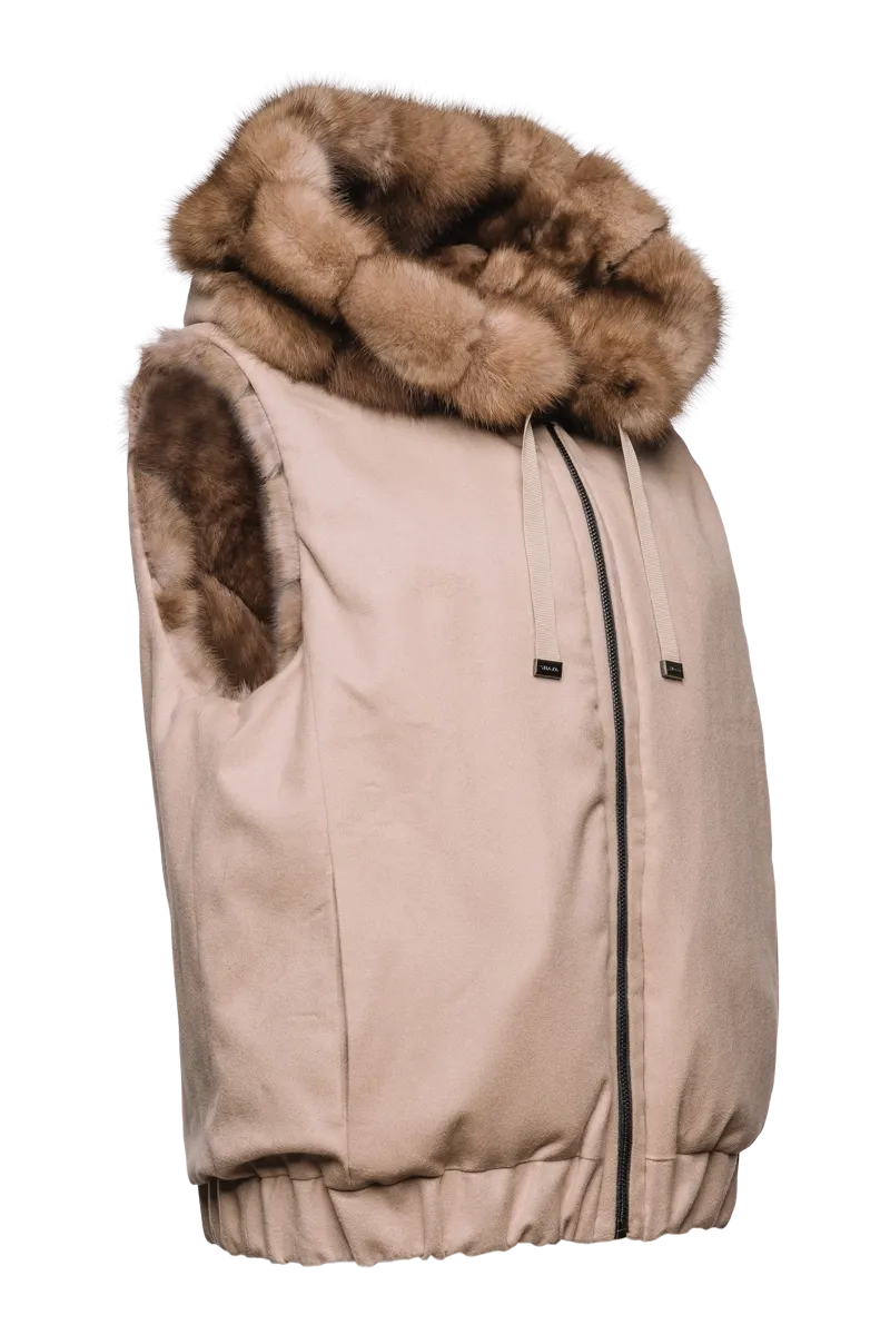 Hooded Reversible Tortora Sable Fur Vest - Loro Piana Cashmere