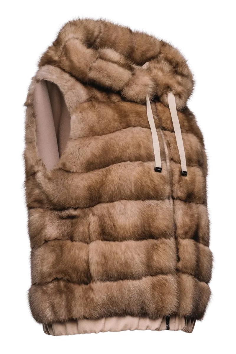 Hooded Reversible Tortora Sable Fur Vest - Loro Piana Cashmere